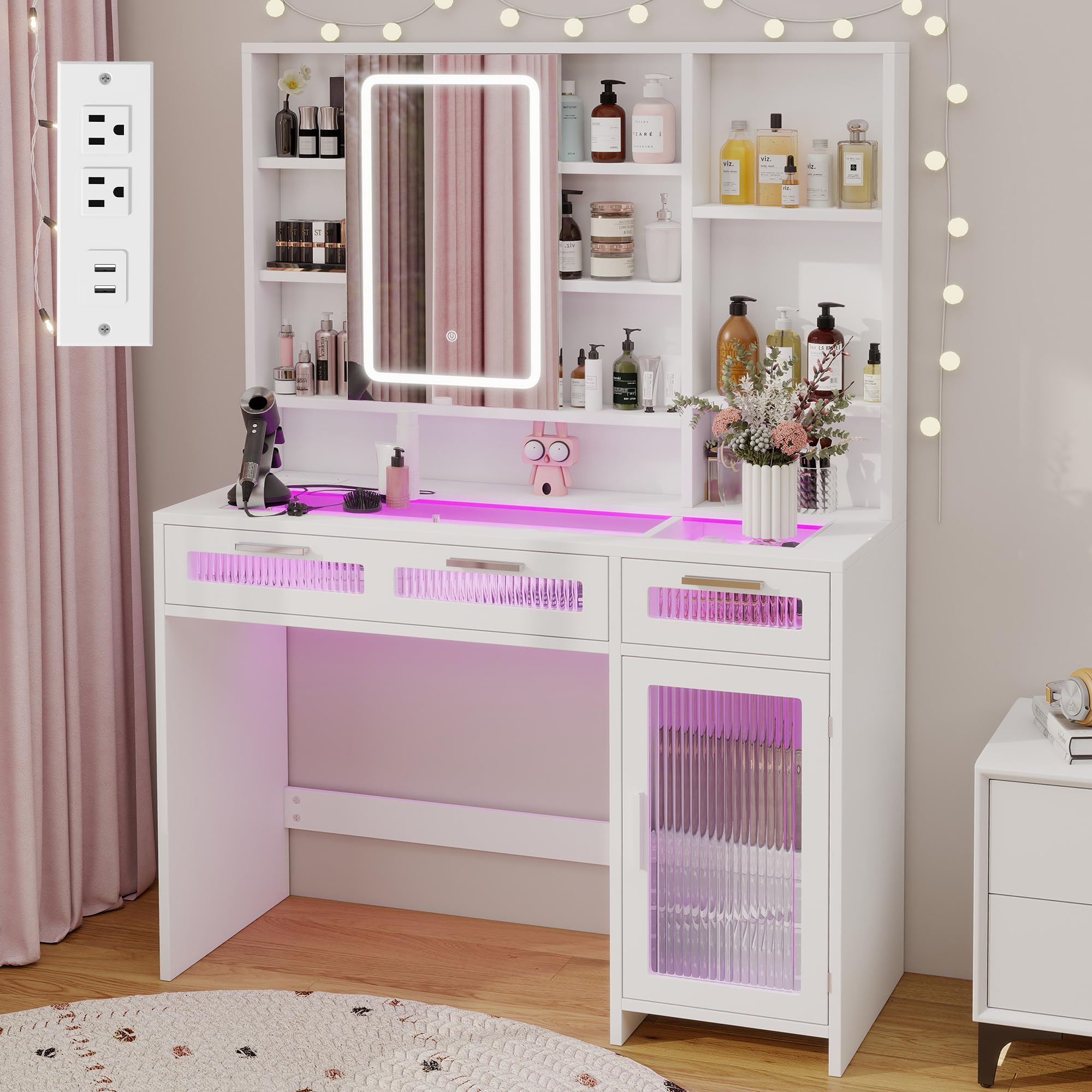 Hadulcet White Vanity Desk with Mirror and Lights, 43" Makeup Vanity Desk with Glass Top, Power Outlets, 2 Drawers, 10 Shelves & Acrylic Cabinet, LED