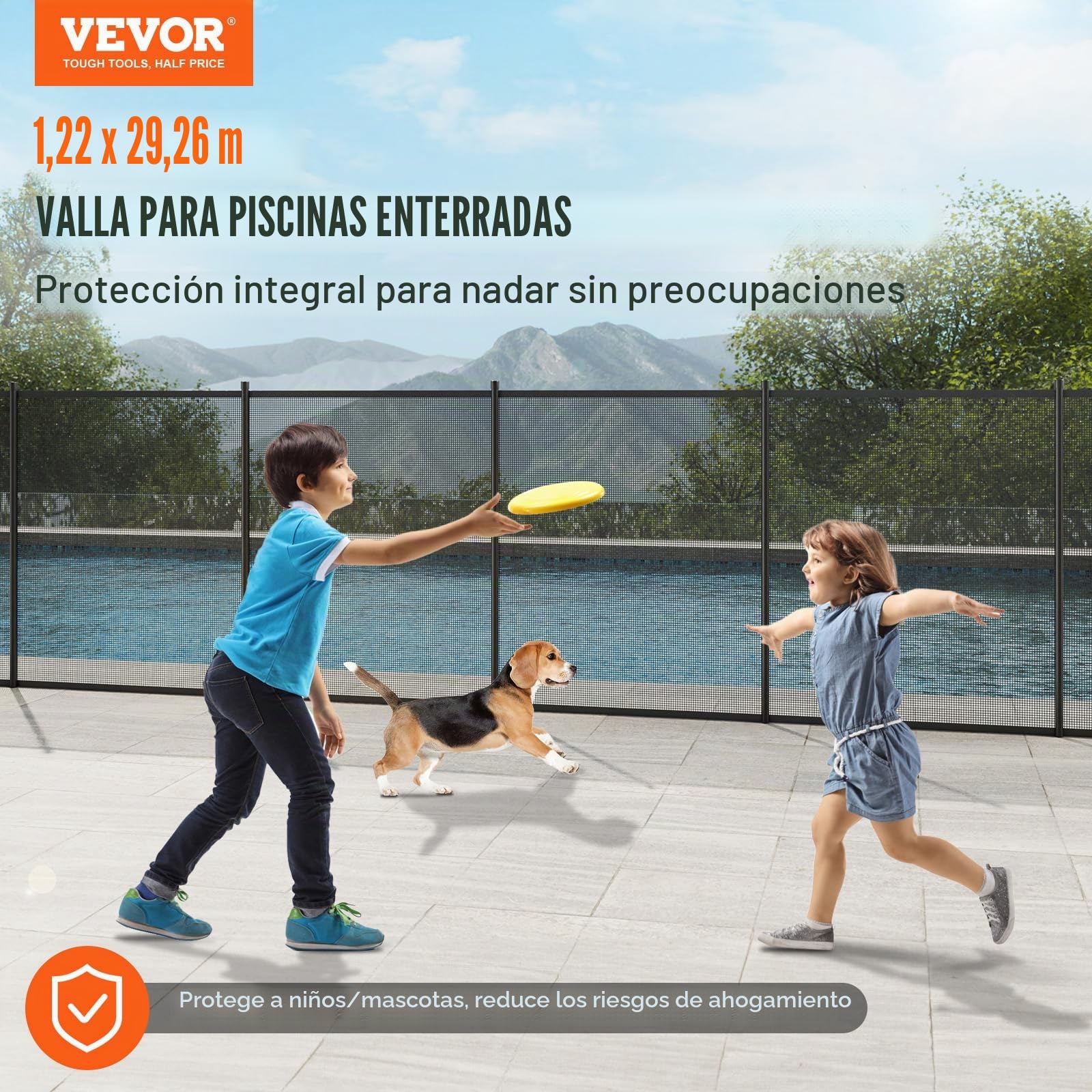 VEVOR Valla para Piscina, Barrera para Piscina Enterrada 1,21x29,26 m Valla de Seguridad Plegable Desmontable Varilla de Aluminio Tejido de Malla de PVC Teslin 340 g/m² para Protección Niños Mascotas