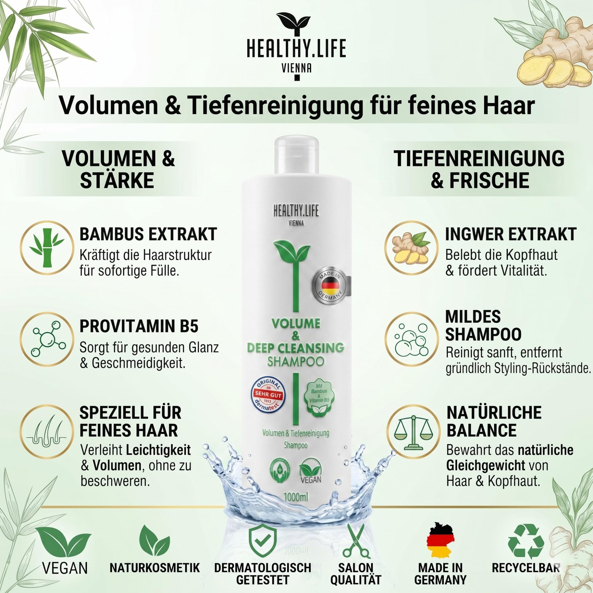 HLV – Volumen & Tiefenreinigung Haar Shampoo mit Vitamin B5 – Ingwer & Bambus Extrakt, VEGAN, Naturkosmetik, Mildes Haarshampoo für Feines Haar, Deep Cleansing, Haarpflege für Damen & Herren (1000ml)