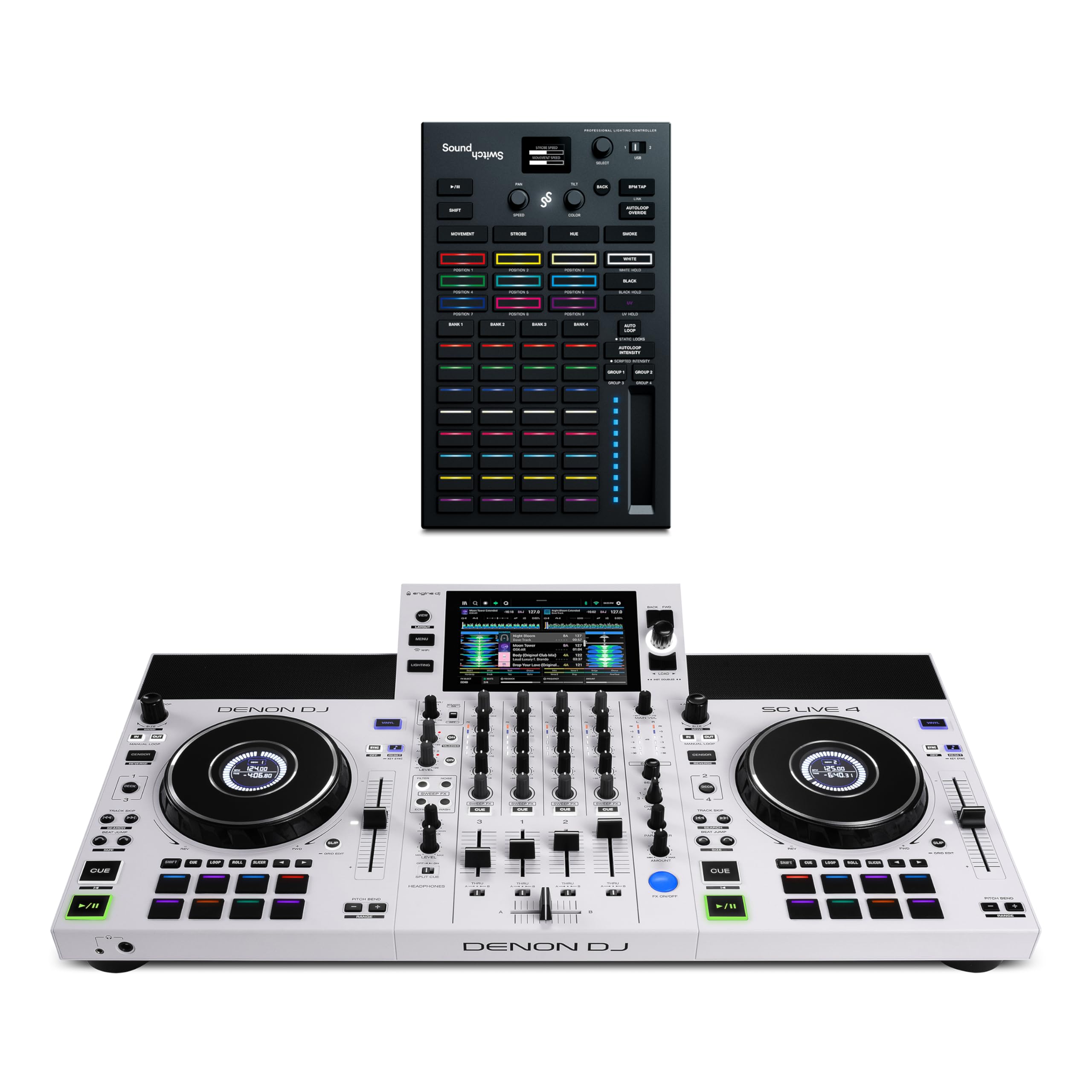 Denon DJ SC Live 4 WHITE DJ Controller and DMX Lighting Controller for Live Music, DJ sets, Events, Music production
