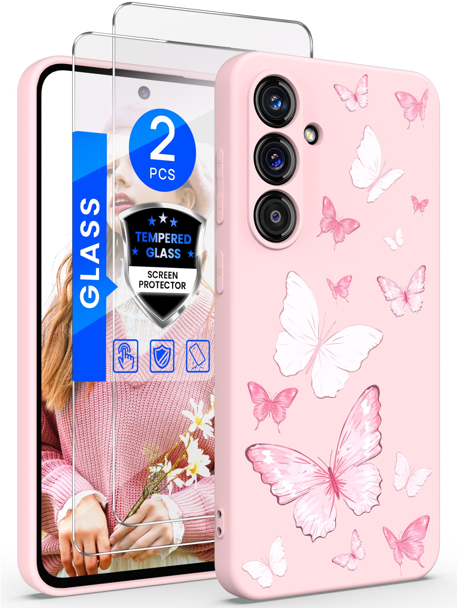 Yucenx for Samsung Galaxy S24 FE 5G Case with 2X Screen Protector, Girls Women Florals Liquid Silicone Phone Case, Shockproof Anti-Scratch Soft