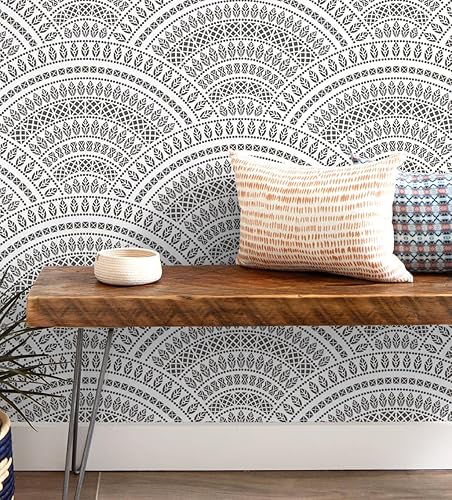 Miniatura 10 de Guvana Papel tapiz verde para despegar y pegar, diseño especial de rayas bohemias, papel adhesivo extraíble para baño y gabinetes, 15.55 x 78.7