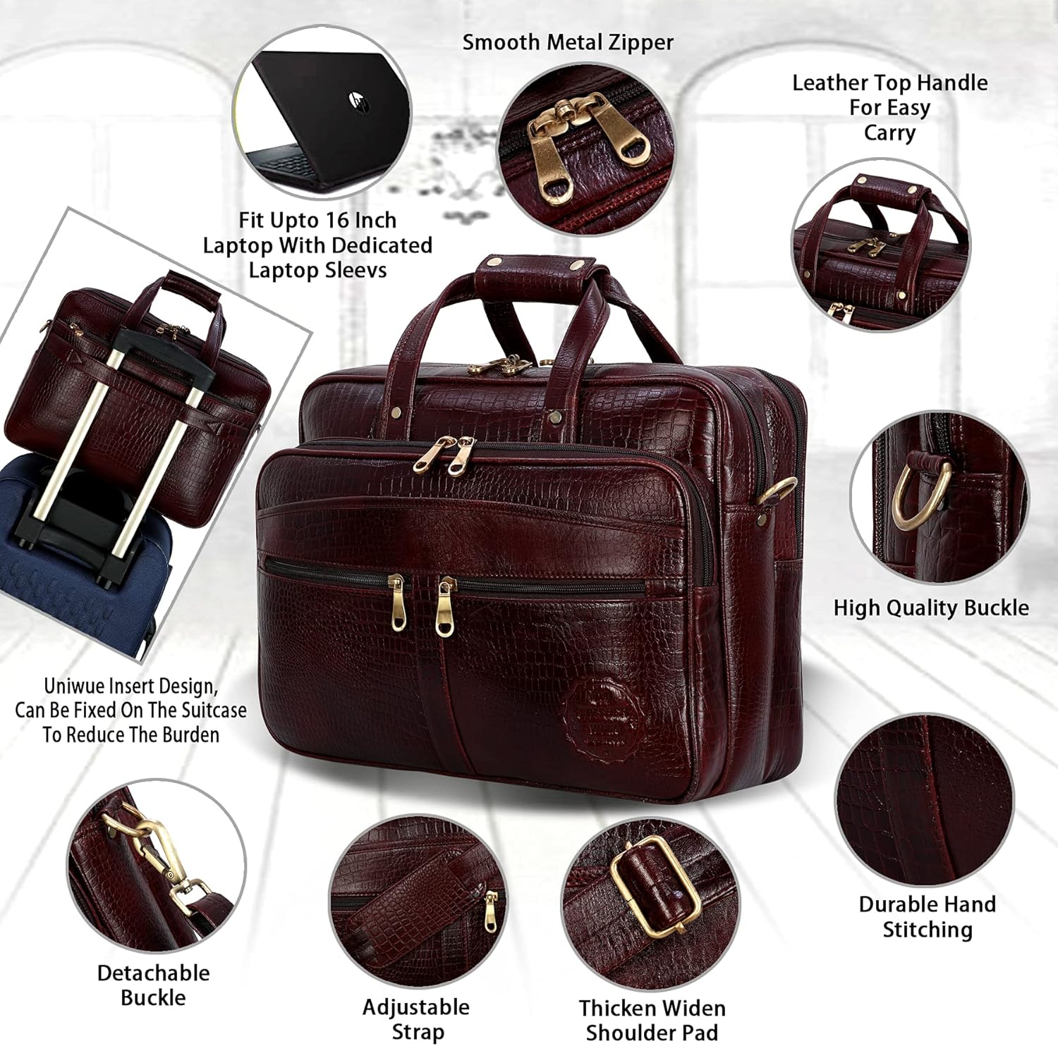 DA LV Full Grain Leather Laptop Briefcase for Men Top Choice Gifts Laptop Bag Multiple 16'' Compartments Brass Hardware