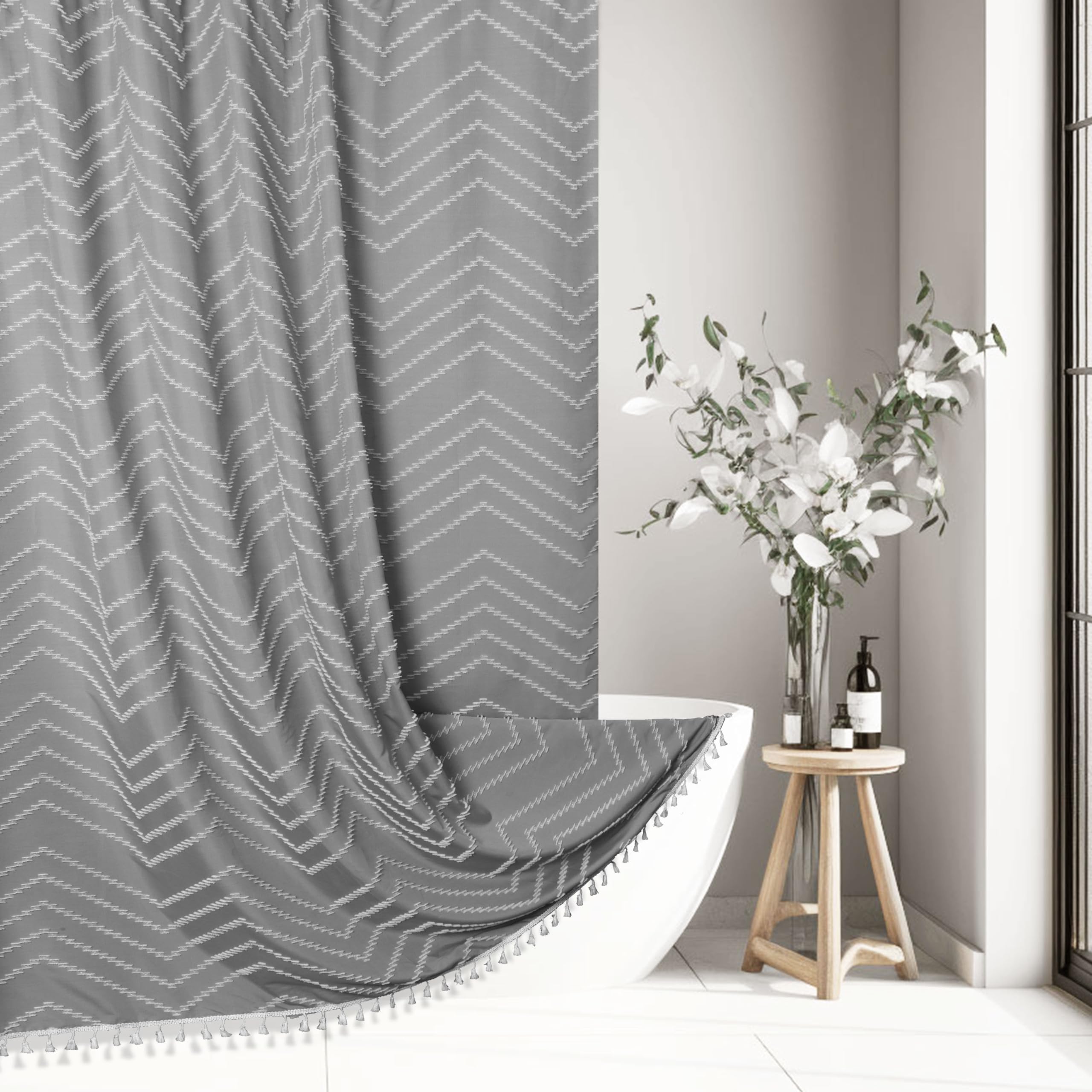 Siiluminisoy Extra Long Grey Boho Shower Curtain with Tassel, Woven Fabric 84 in Shower Curtain, Tufted Chevron Striped, 72 x 84, Modern Chic Textured Minimalist Bathroom Shower โ image 1