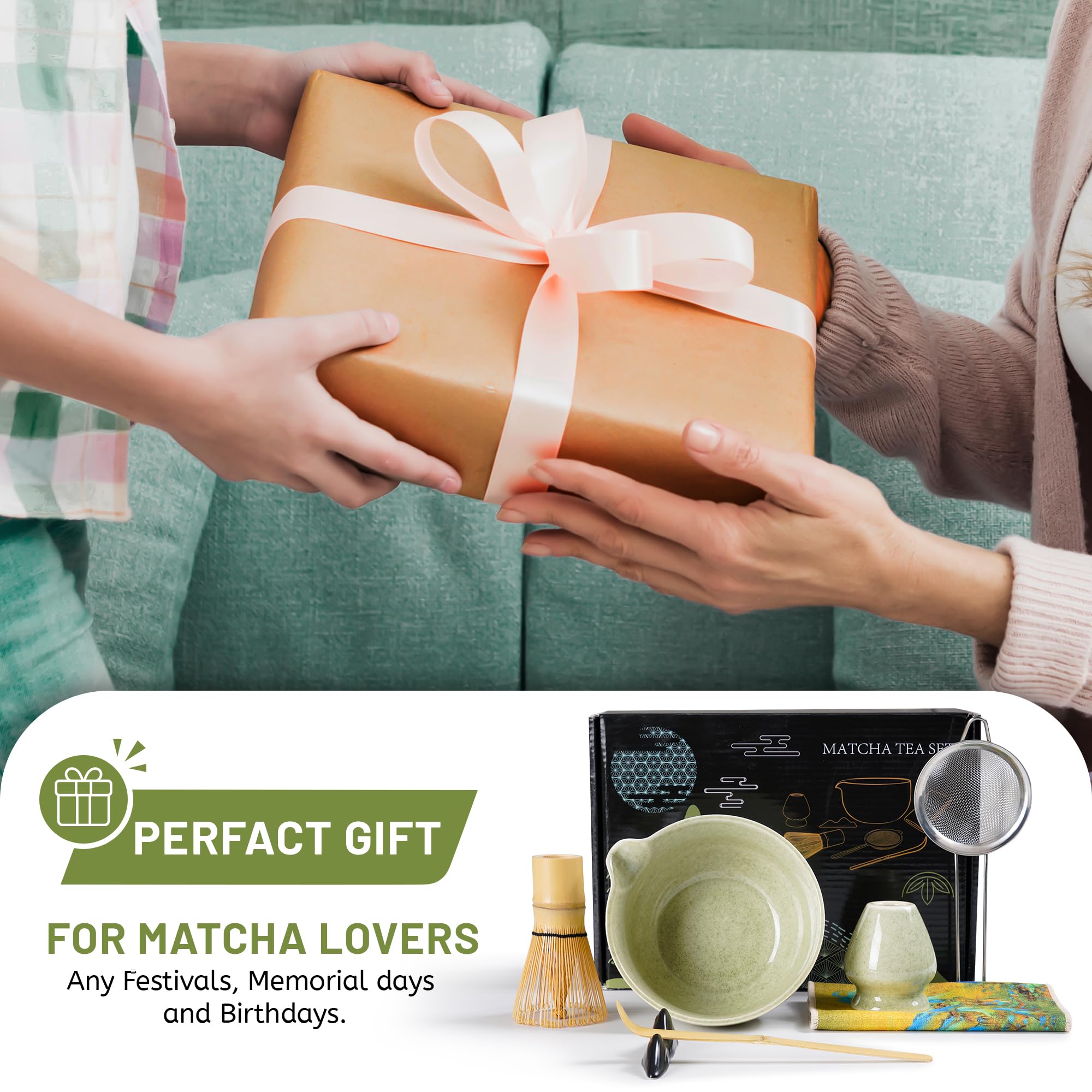 Set Matcha - 7 Pezzi Kit Cerimonia Completo con Frusta Matcha in Bambù Cucchiaio, Colino, Ciotola, Strofinaccio, Portacucchiaio e Supporto per Frusta - per Regalo Del Compleanno e Natale