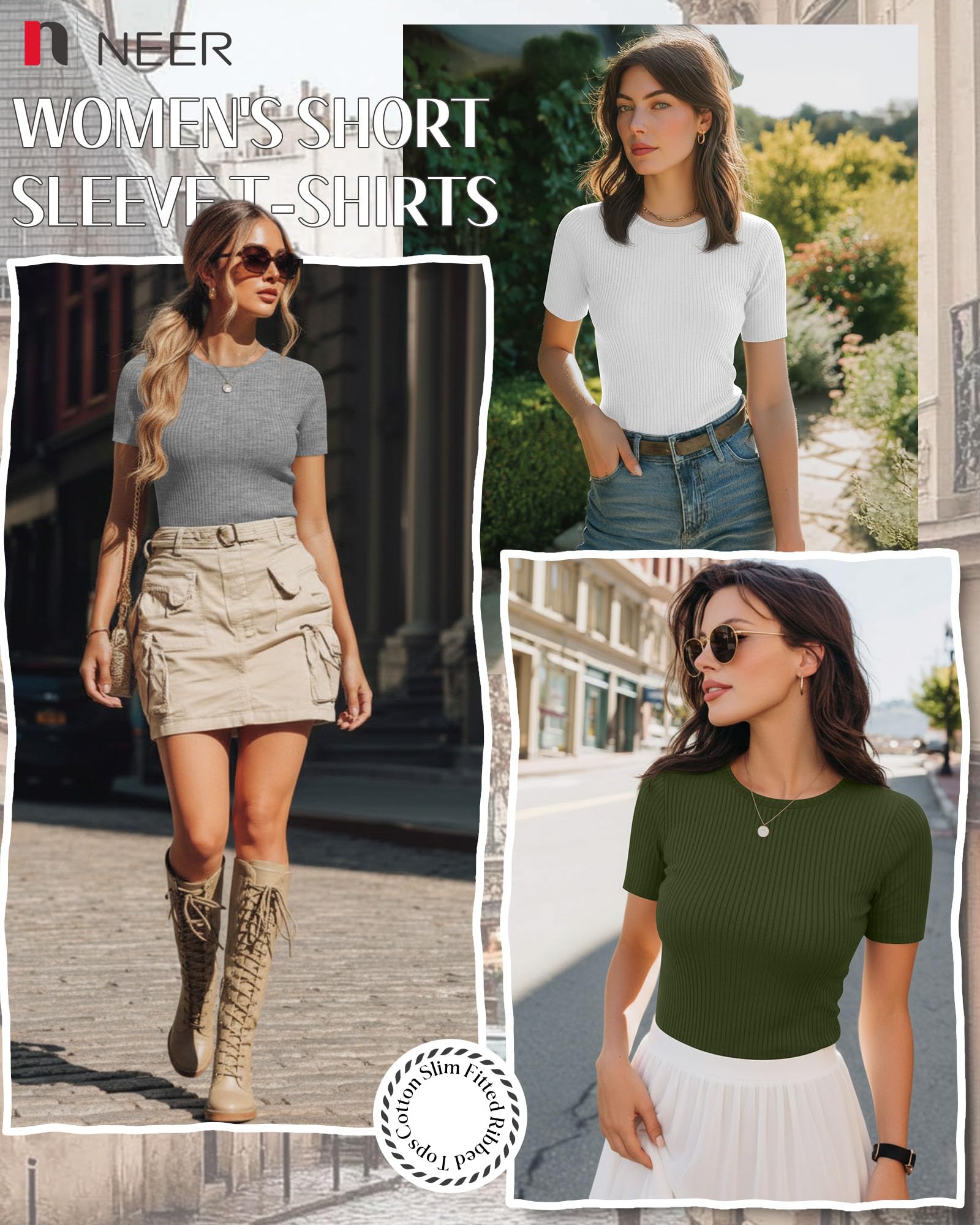 Neer Lot de 4 t-shirts côtelés en coton à manches courtes pour femme - Hauts basiques et col rond - Chemises décontractées d'été tendance 2026