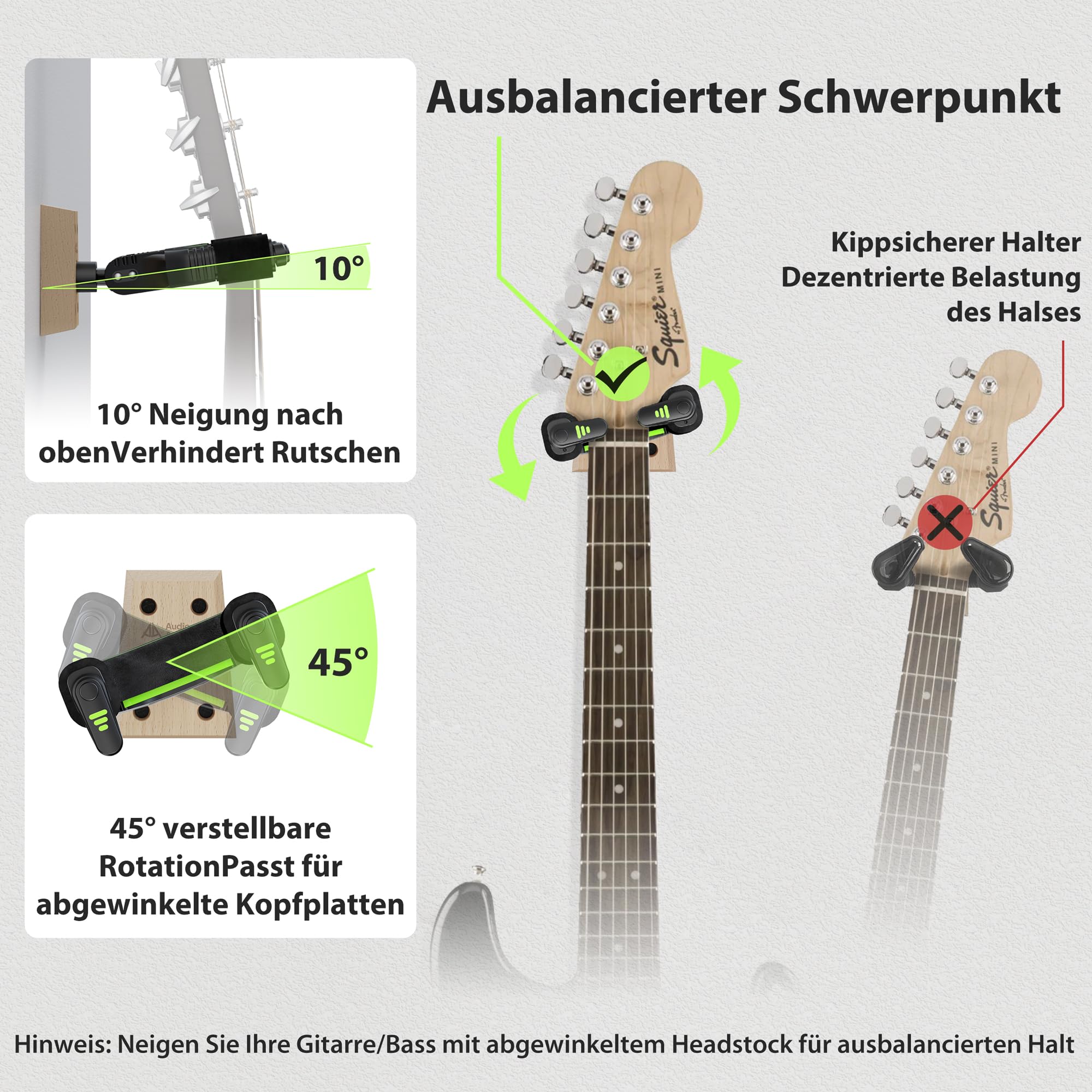 AA AUDIO ACCESSORY 2er-Pack Gitarrenhalter für die Wand mit Autoverriegelung, Nitro-freundlicher Samthaken, 4-Schrauben-Holzfuß, bis 9 kg Tragfähigkeit für Bass, Akustik-, Klassik- und E-Gitarre