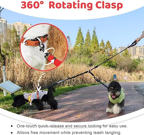 Miniatura 4 de Correa doble para perro, divisor sin enredos para dos perros, acoplador con cuerda de plomo larga ajustable, asas de control dual, elástico