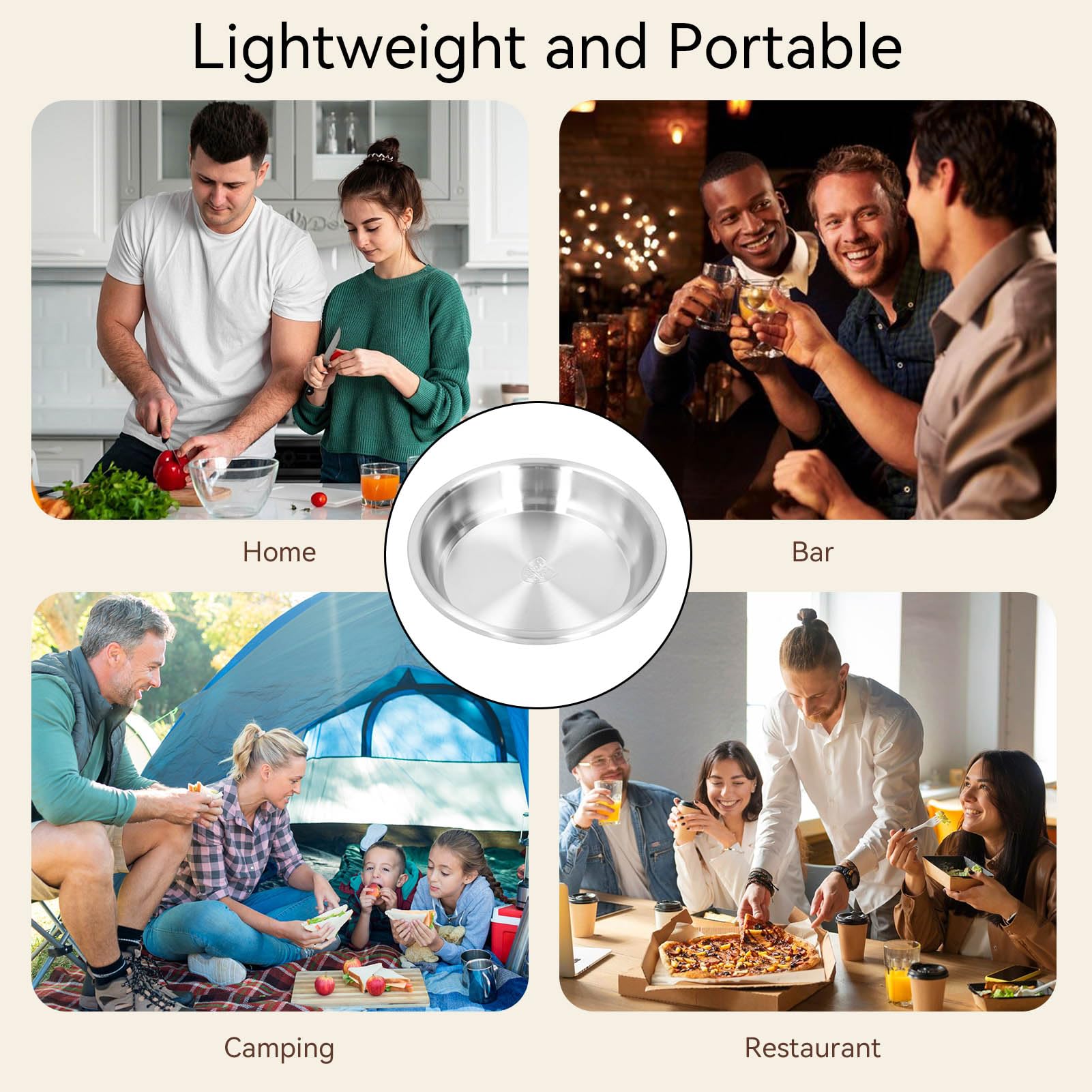 HERCHR Plato redondo de acero inoxidable, platos de cena de camping para comer, plato de cena, plato para servir sopa de ensalada, vajilla para la cocina casera(28cm)