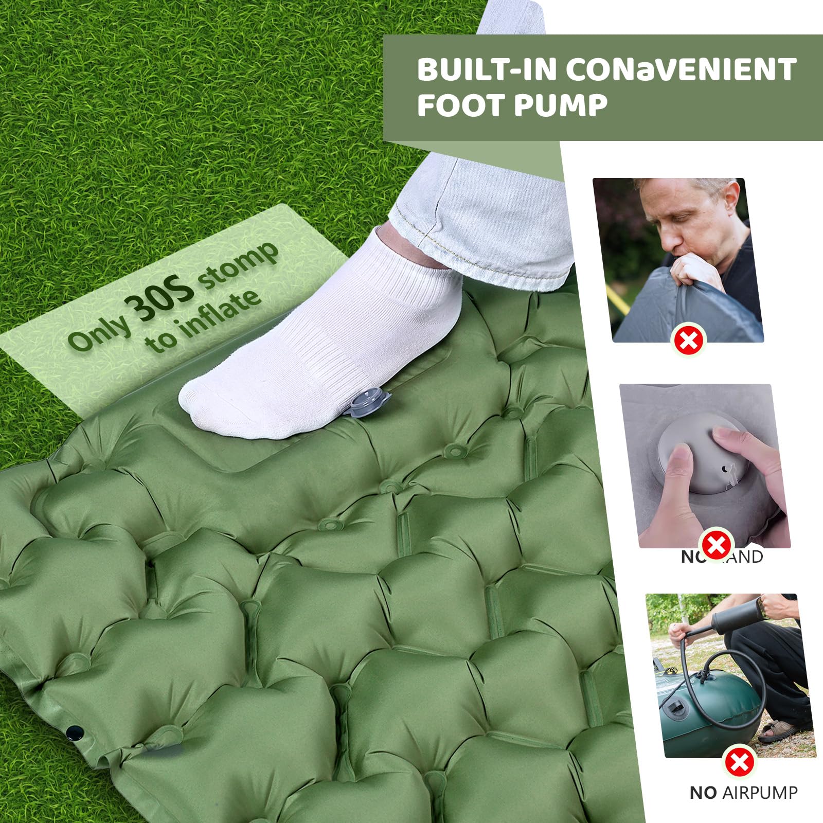 Colchoneta inflable ultraligera para dormir para camping, almohadilla de dormir autoinflable con bomba de pie integrada, colchón de aire duradero e impermeable para aventuras de camping y
