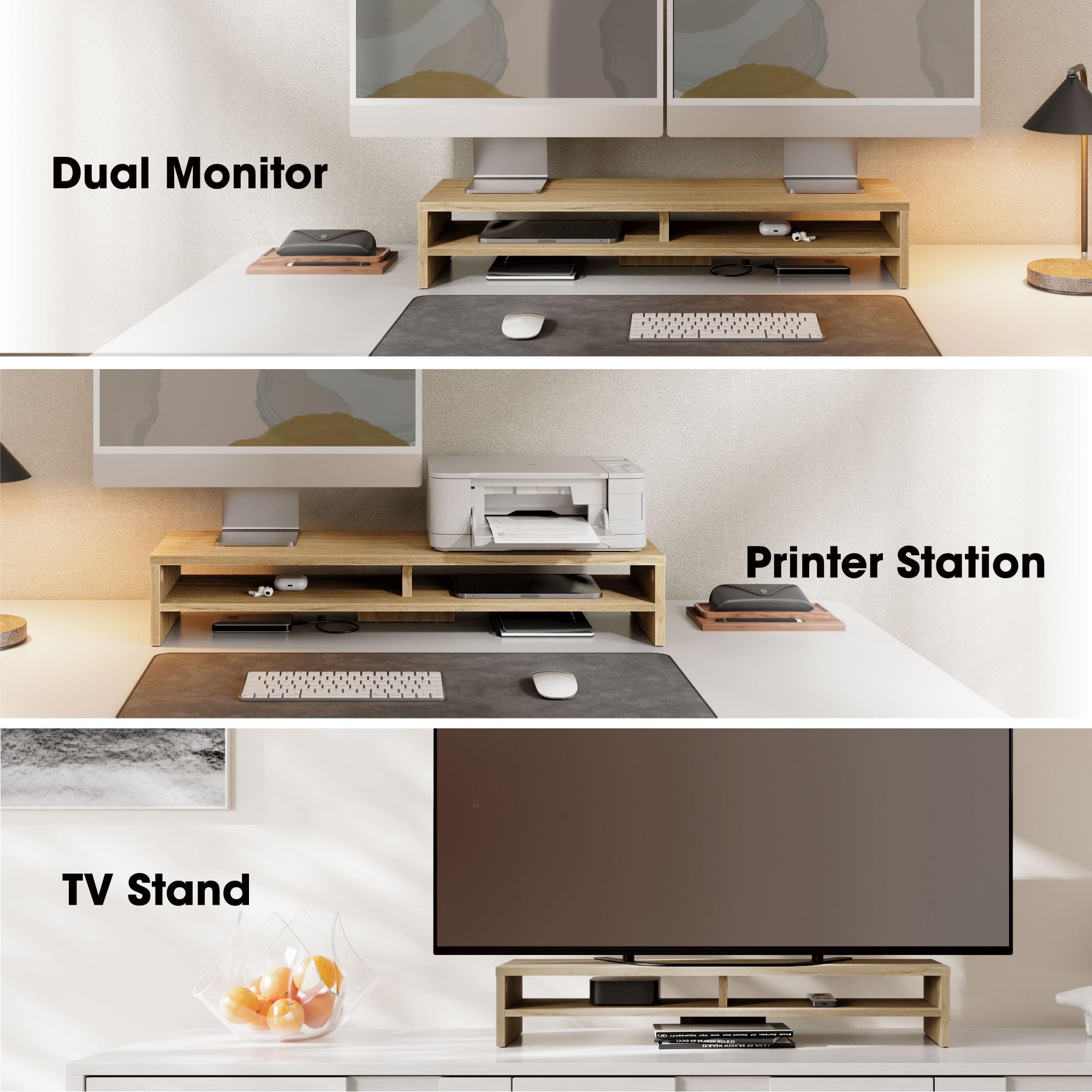 Fenge Podnośnik do monitora 2-poziomowy, drewniany stojak na monitor komputerowy, organizer biurkowy dla PC/laptopa/drukarki/telewizora 80x23,5x14,2cm, maksymalne obciążenie 25KG, brązowy (dąb)