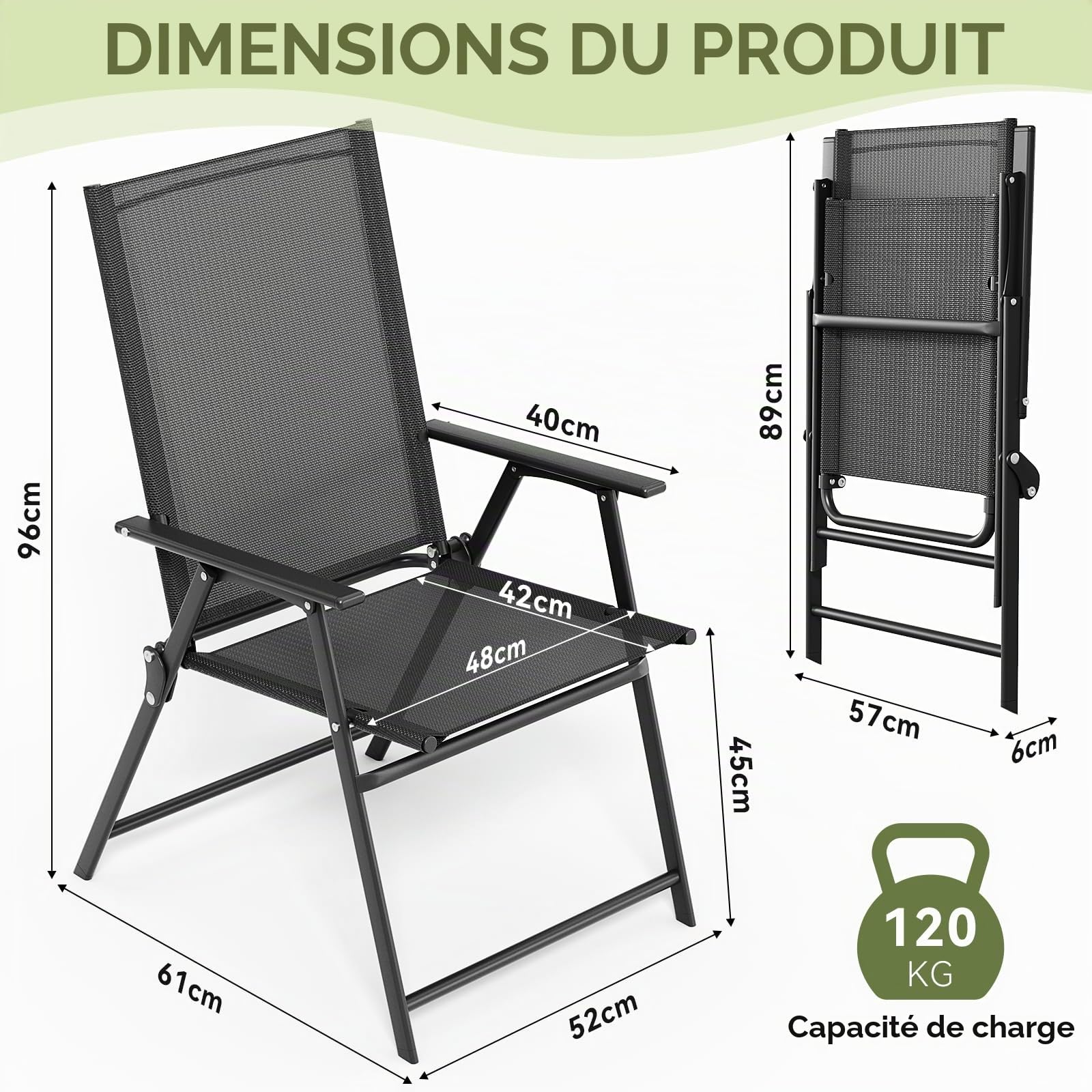 LIFERUN Lot de 2 Chaises de Jardin Pliantes, Chaises de Camping Extérieure