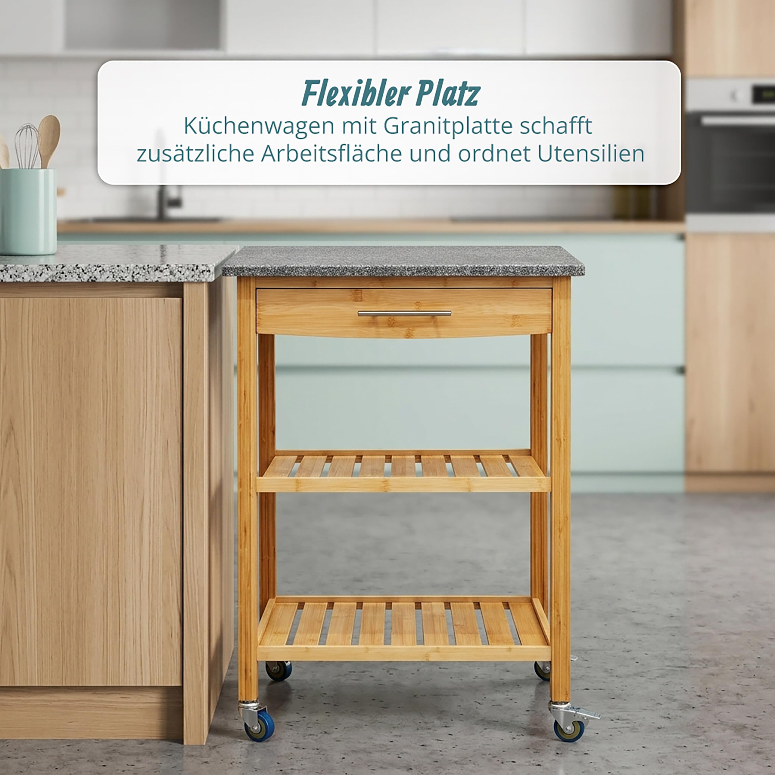 Relaxdays Küchenwagen, Granitplatte, Schublade, 2 Ebenen, Natur/anthrazit | HxBxT: 85 x 58 x 40 cm Bambus, Servierwagen