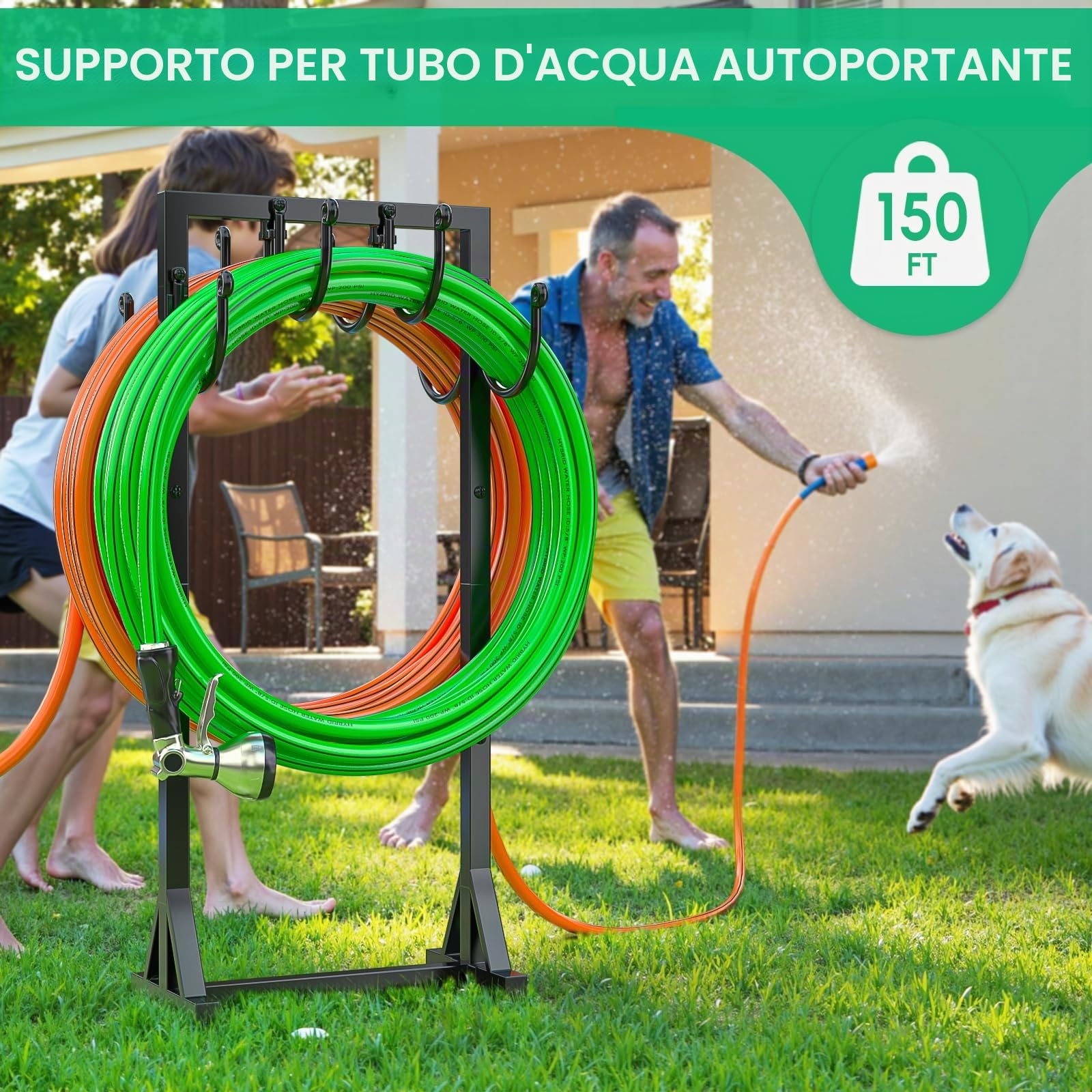 Bomclap Supporto per tubo da giardino, 116 cm, supporto per tubo a doppia faccia, autoportante per giardino, supporto per tubo dell'acqua in metallo rimovibile con ganci, heavy duty, supporto stabile