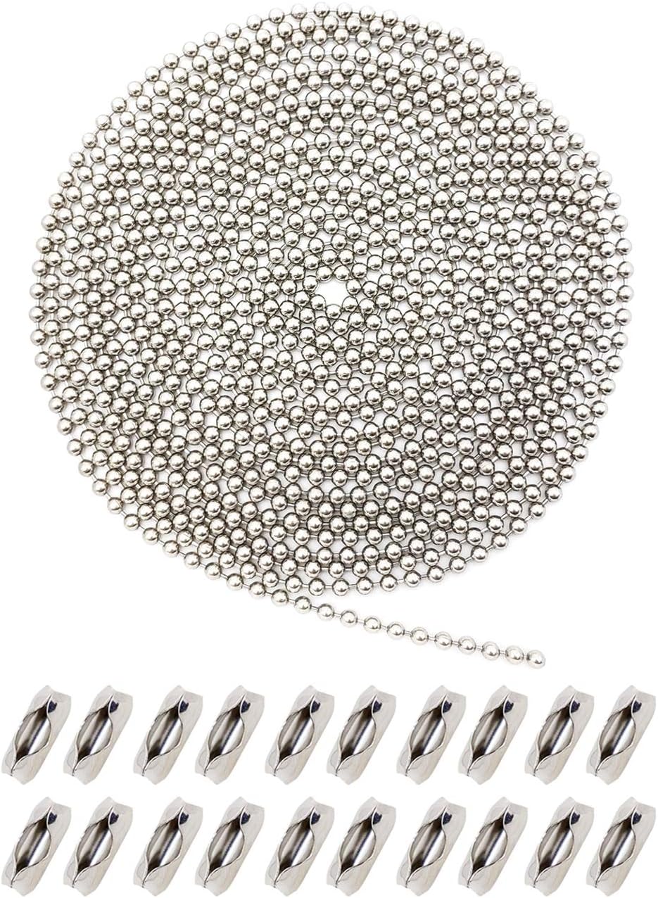 Ceiling Fan Pull Chain Extenders – 16 ft 3.2 mm Stainless Steel Ball Chain with 20 Connectors, Fan and Light Pull Chain Extension for Fixtures