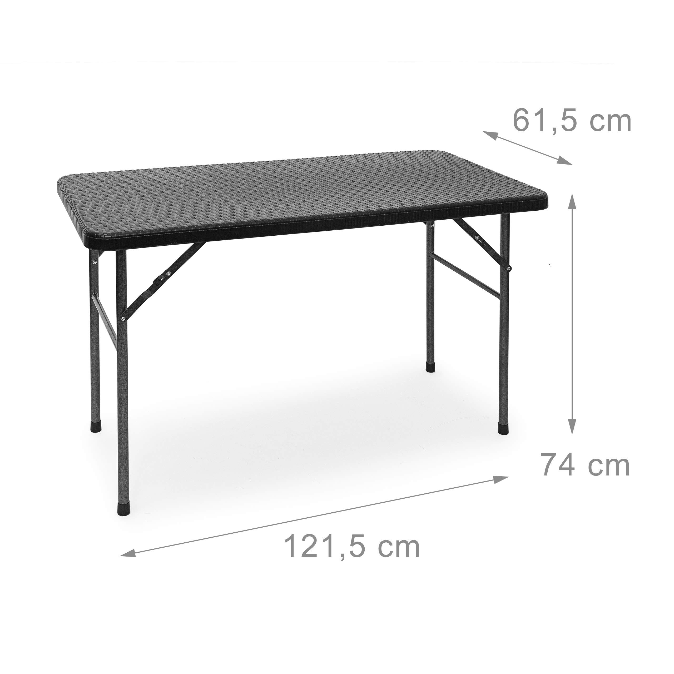 Relaxdays Tavolo da Campeggio Pieghevole BASTIAN, Rettangolare 74x121,5x61,5, Tavolino da Outdoor, Aspetto Rattan, Nero