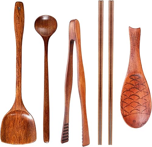 FJNATINH Wok Utensils - Utensilios de cocina de madera, 6 espátulas de madera, pinzas para barbacoa, pala de wok, palillos de cocina, cucharas