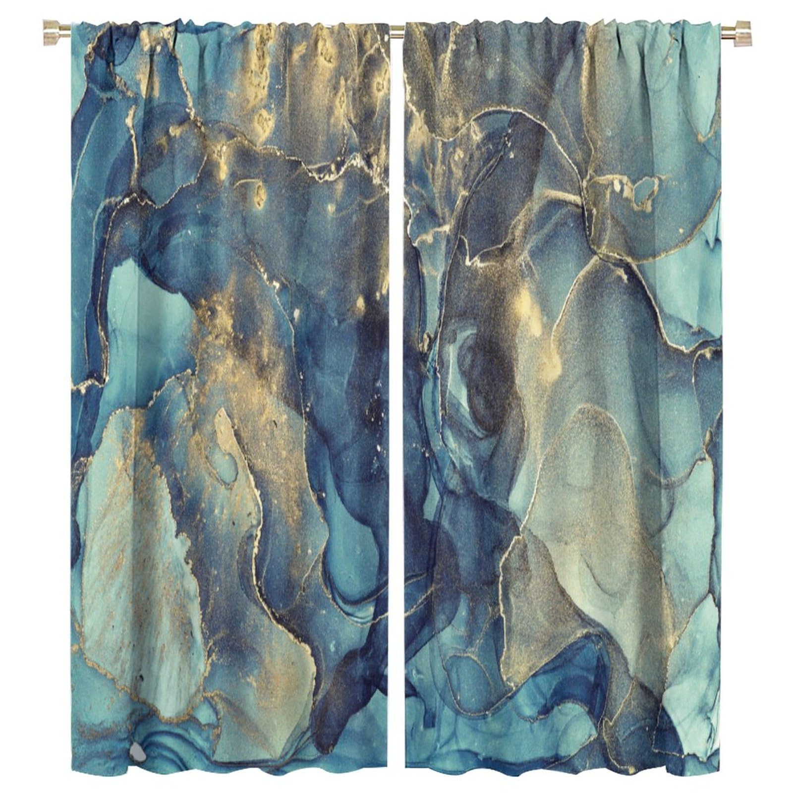 HZOHNAGO Green Marble Curtain Colorful Modern Abstract Art Blackout Print Rod Pocket Window Drapes for Bedroom Living Room 55x63in