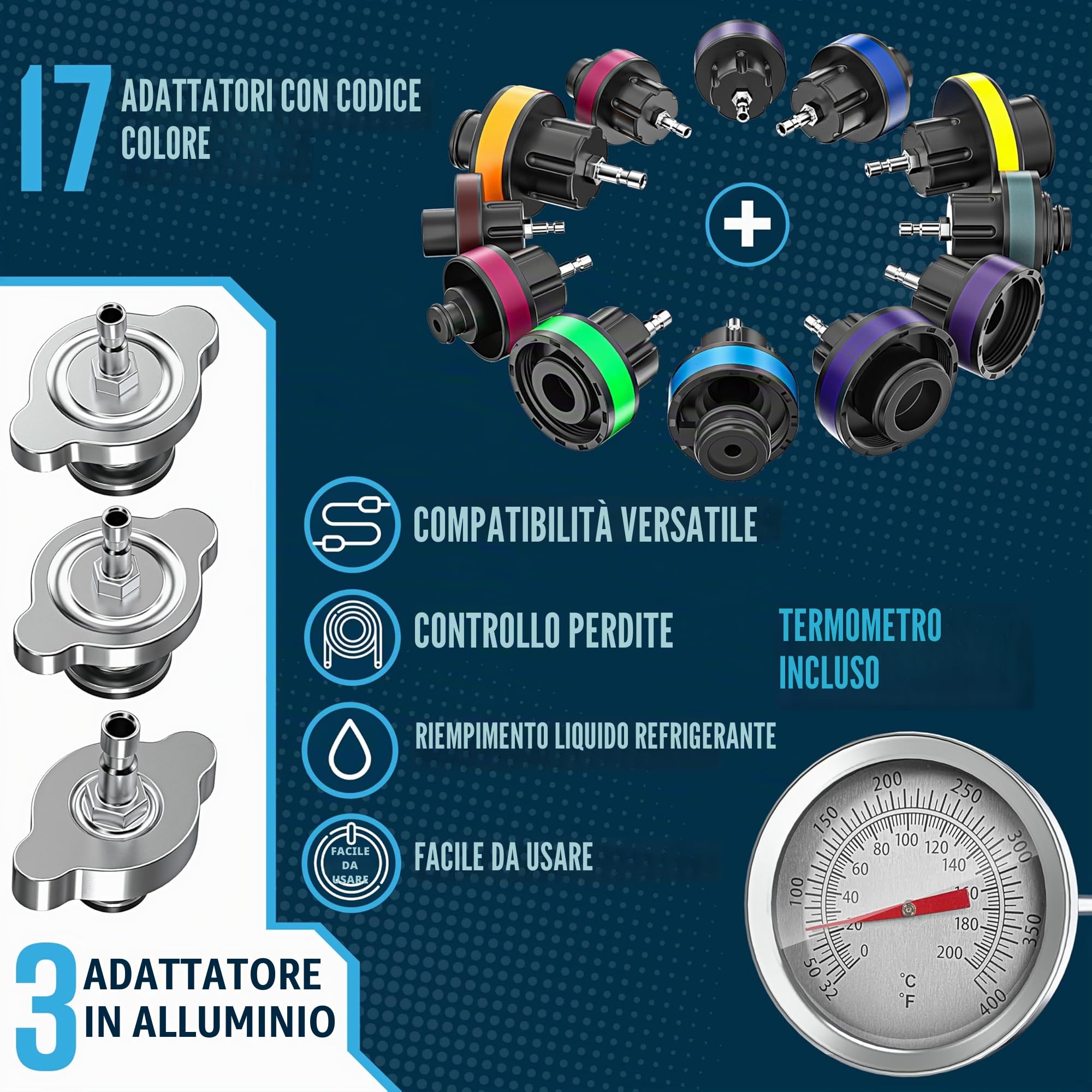 MASKO® Tester e dispositivo di spinta per sistema di raffreddamento | Controllore di pressione del radiatore, dispositivo di scarico del radiatore 28 pezzi incluso adattatore universale per radiatore