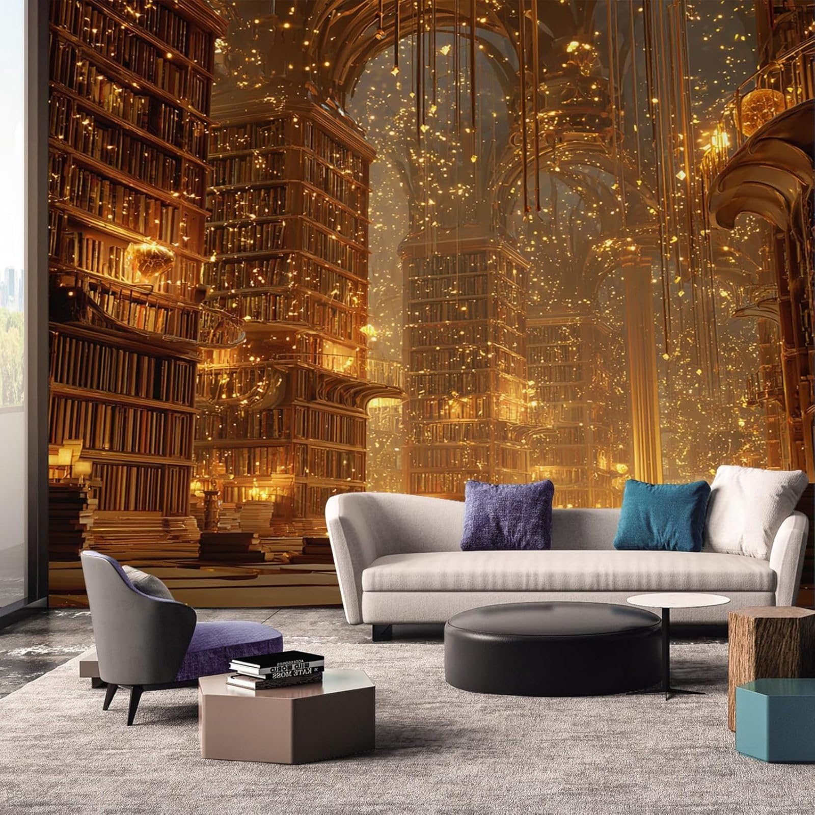 Bibliothek-Vliestapete Gold Fantasy Buch Magie Innenbereich Wohnzimmer Küche Schlafzimmer Wanddekoration Bibliothek Tapete, 200 cm x 140 cm | Innenbereich Wohnzimmer Küche Schlafzimmer Wanddekoration Bibliothek