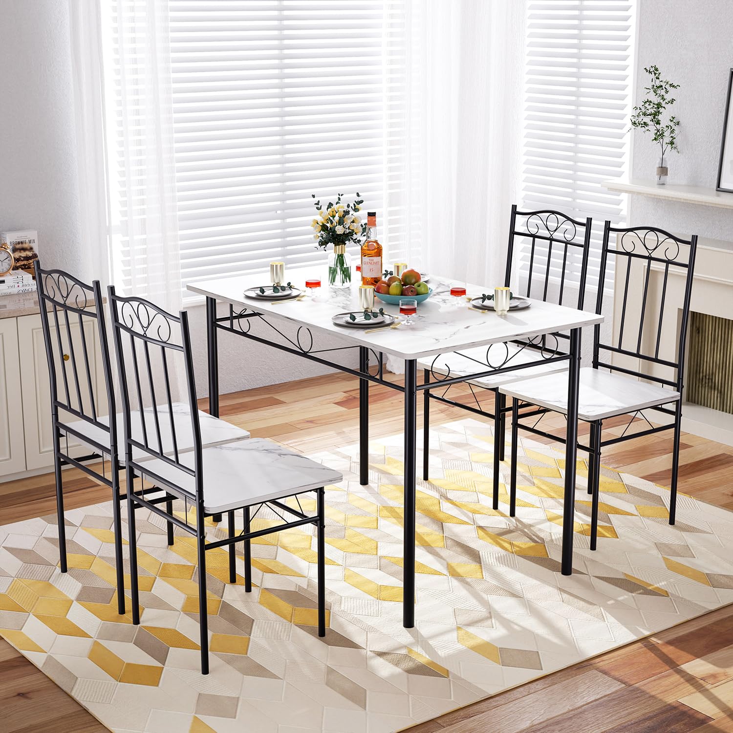 FURNITABLE Juego de mesa de comedor con 4 sillas de madera, juego de 5 piezas, metal, 109 x 69 cm, industrial, comedor, cocina, muebles, conjunto de asientos, mármol blanco