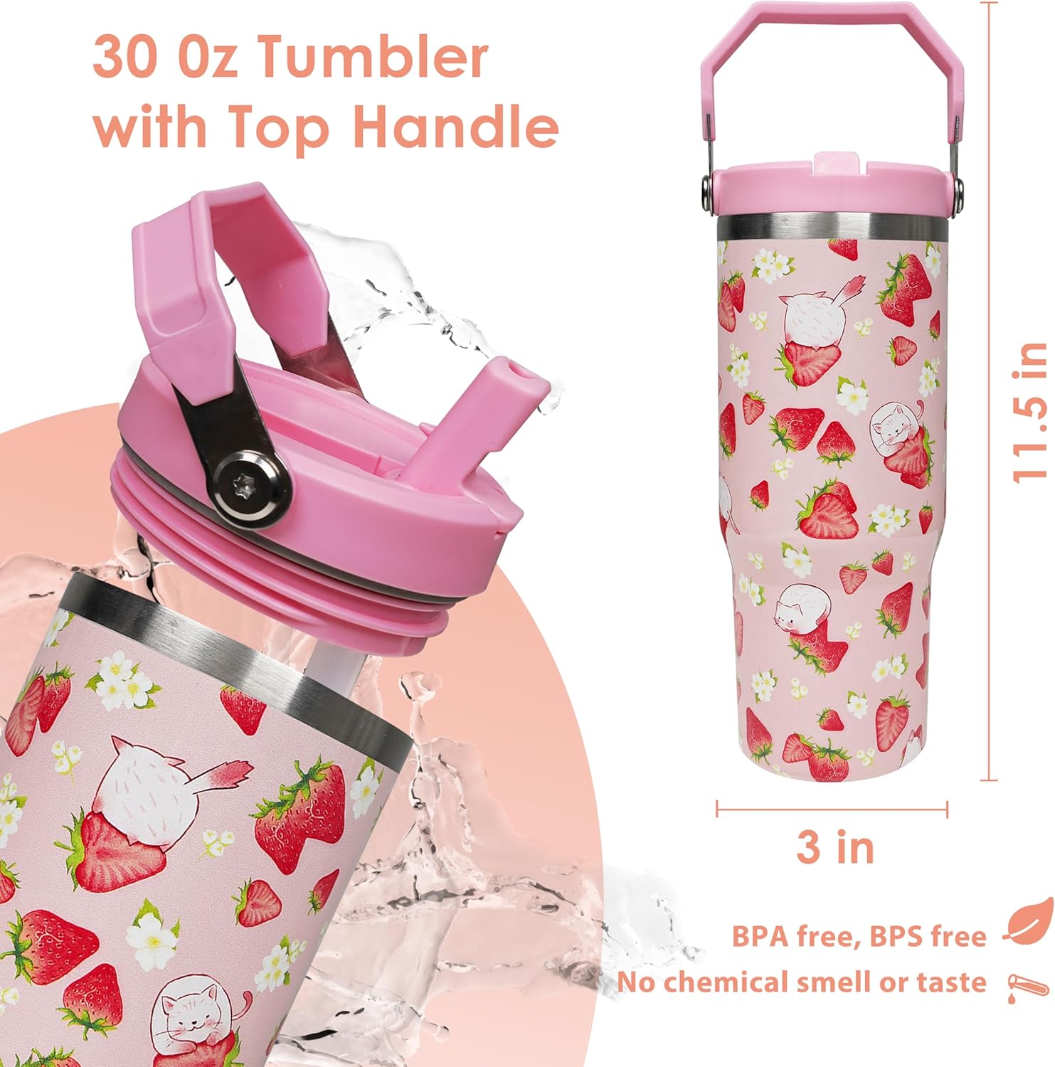 30 oz Strawberry Flip Straw Tumbler with Top Handle for Strawberry Lover Insulated Resuable Vacuum Tumbler with Flip Straw and Handle for Home Office Car Dishwasher Safe Pink Strawberry - Image 3