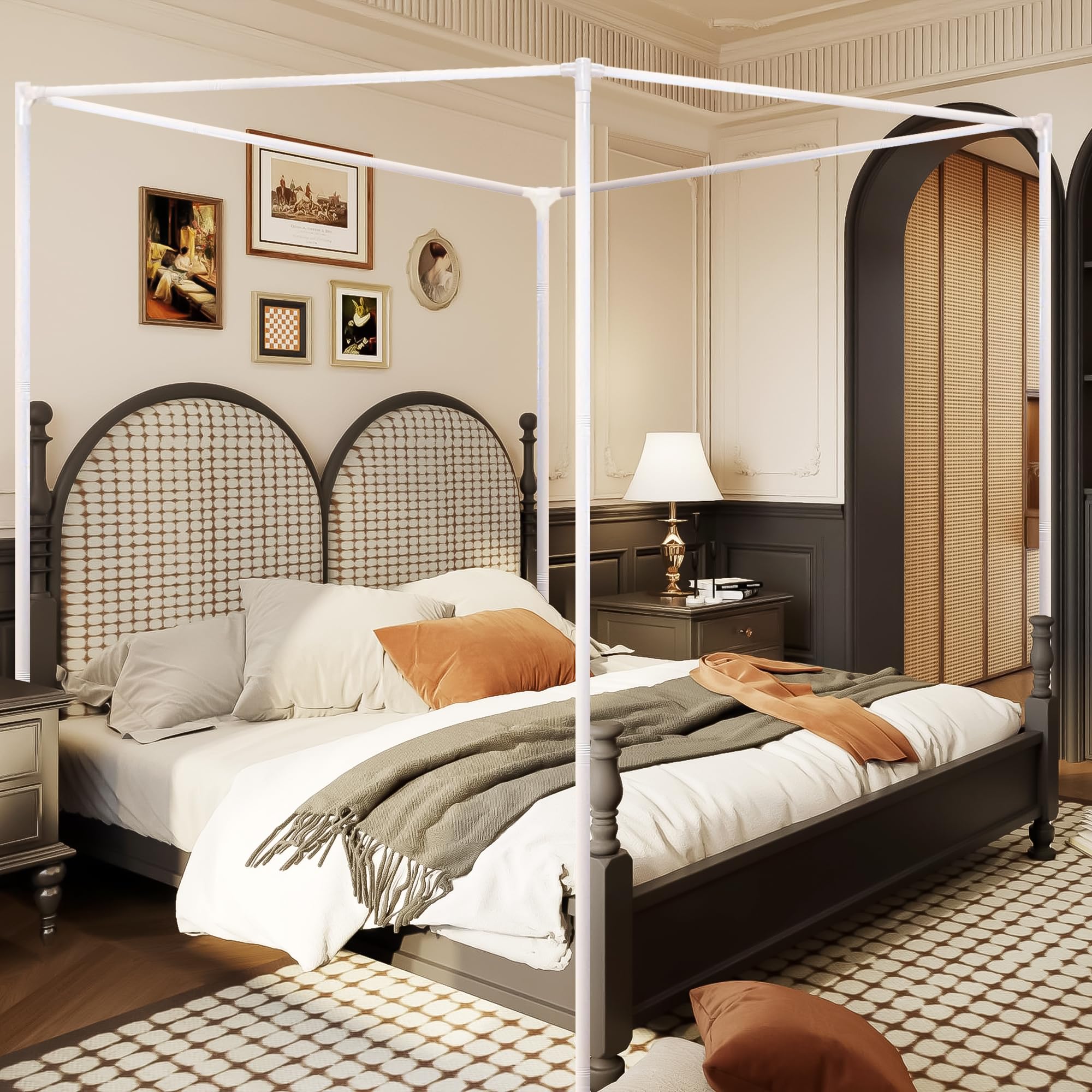 Stainless Steel Canopy Bed Frame Full Size, Heavy Duty Metal Bed Frame with Sturdy Bed Post Poles, White