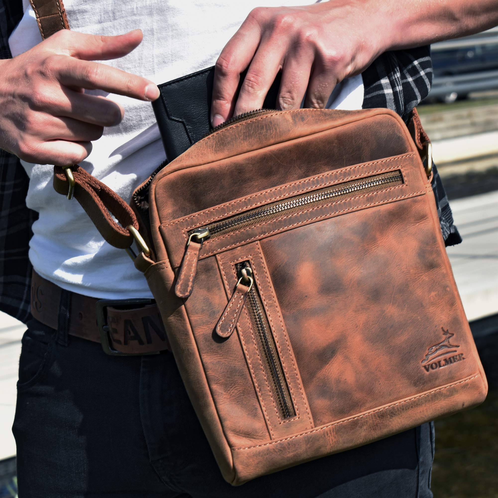 Fa.Volmer ® Borsa a tracolla piccola in pelle per uomo e donna | Borsa a tracolla in pelle di bufalo/nappa di alta qualità | marrone o nero | Modelli Stanford e Princeton
