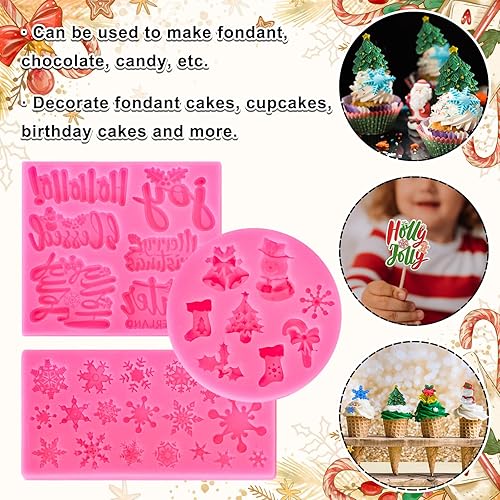 Miniatura 4 de Whaline 3 moldes de silicona para fondant de Feliz Navidad, diseño de copos de nieve rosados, con palabras bendecidas, alegría, acebo, Jolly,