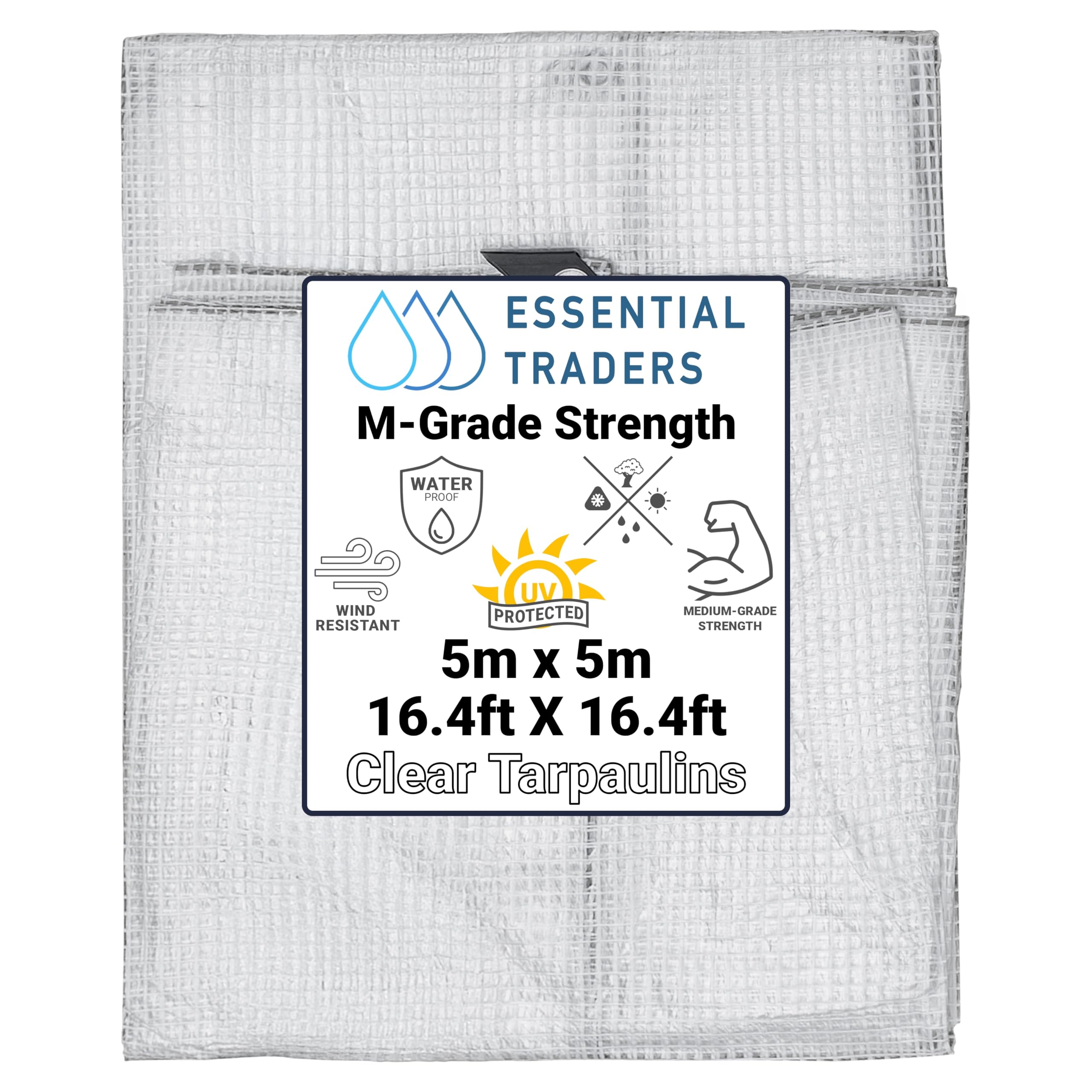 Clear Monotex Heavy Duty Tarpaulin, 100gsm Waterproof Ground Cover Multipurpose Furniture, Caravan, Vehicle, Tool, Camping & Shed Mono Sheet, Medium Weight Reinforced Cotton Mesh (5m x 5m)