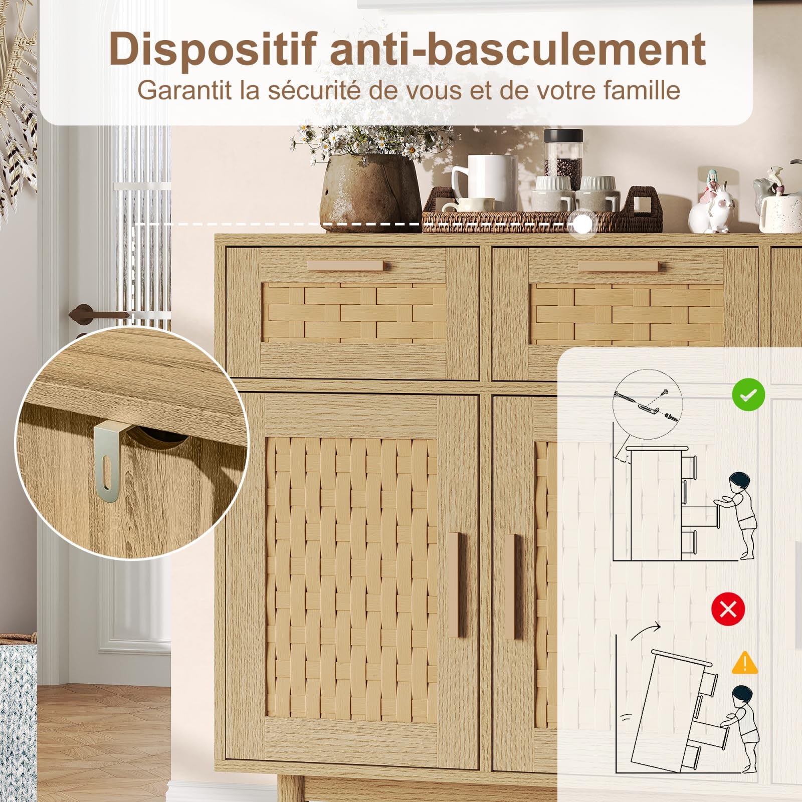 Kredens rattanowy z 3 szufladami i 3 drzwiami, szafka do przechowywania 107,9 x 40 x 80 cm z szafkami na drzwi, komoda z szufladami z nogami, kredens do przechowywania do przedpokoju, wejścia