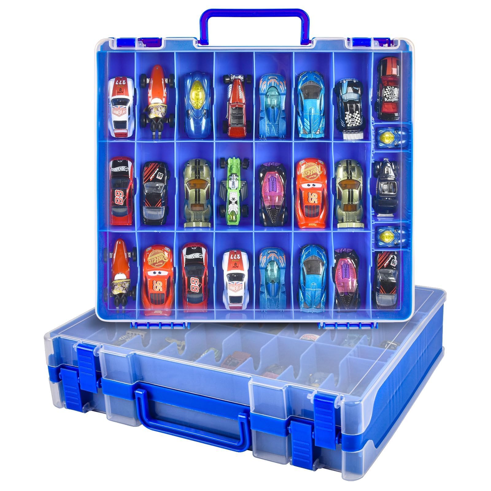 Toy Car Storage Organizer Case Compatible with Hot Wheels/for Matchbox Cars. Display Carrying Container Holder for LOL Surprise Dolls/for Shopkins with 48 Compartments Double Sided-Blue (Box Only) | Transparent Display Container with 8 Removable Inserts Double-Sided Separate Spaces for 1:64 Toy Cars, Toys Not Included-image-38