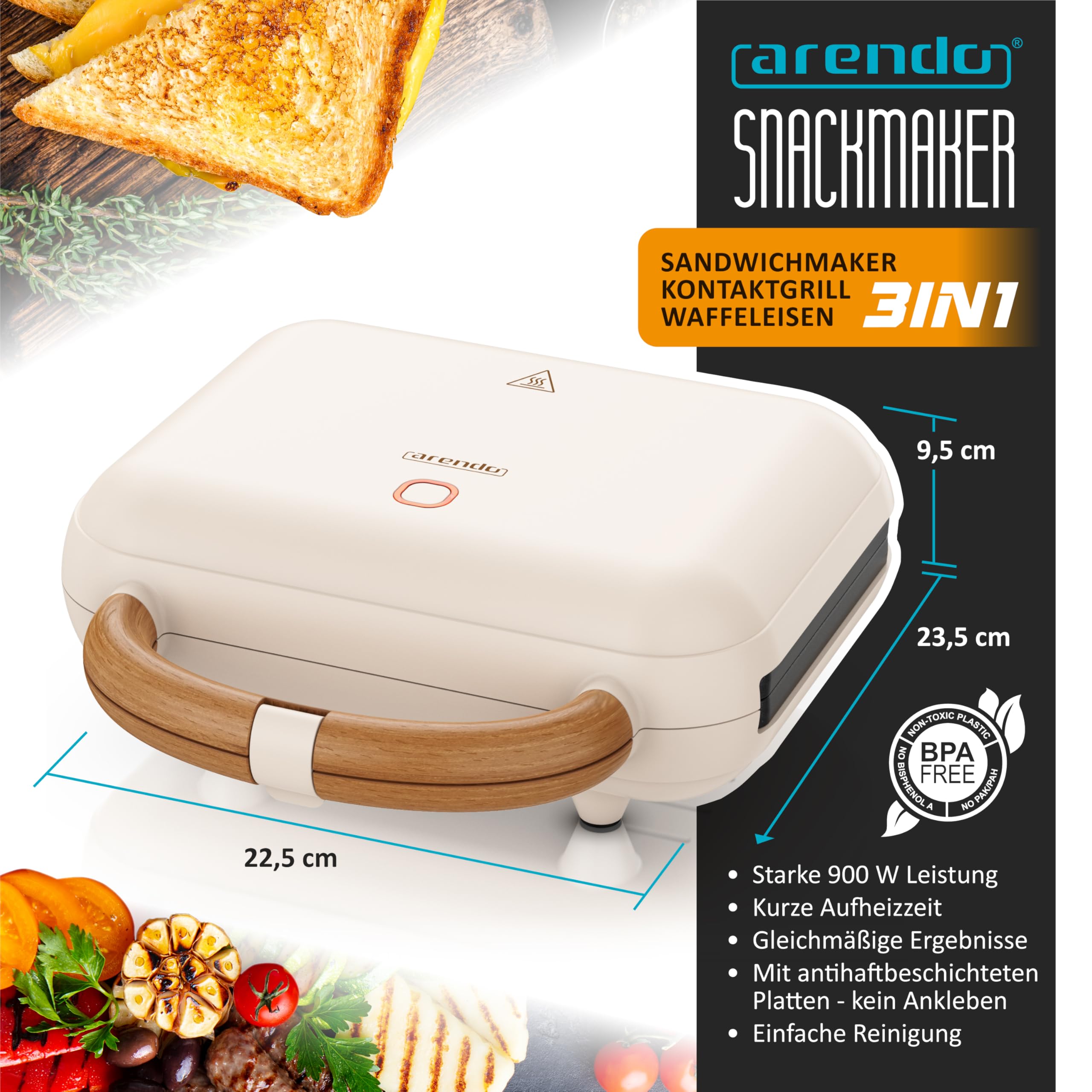 Arendo - Gofrownica waflowa podwójna – 3 w 1, grill kontaktowy ze zdejmowanymi płytami – 2 strefy – z powłoką zapobiegającą przywieraniu – nie zawiera BPA – kontrola temperatury – opiekacz do kanapek