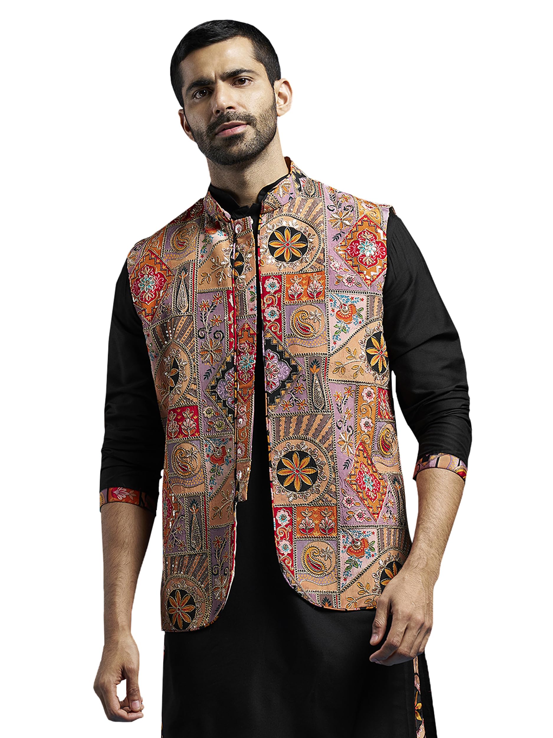 vastramay Men's Nehru Jacket | Allover Printed Embroidered Sequiend Nehru Jacket for Men | Perfect for Navratri-picture-15