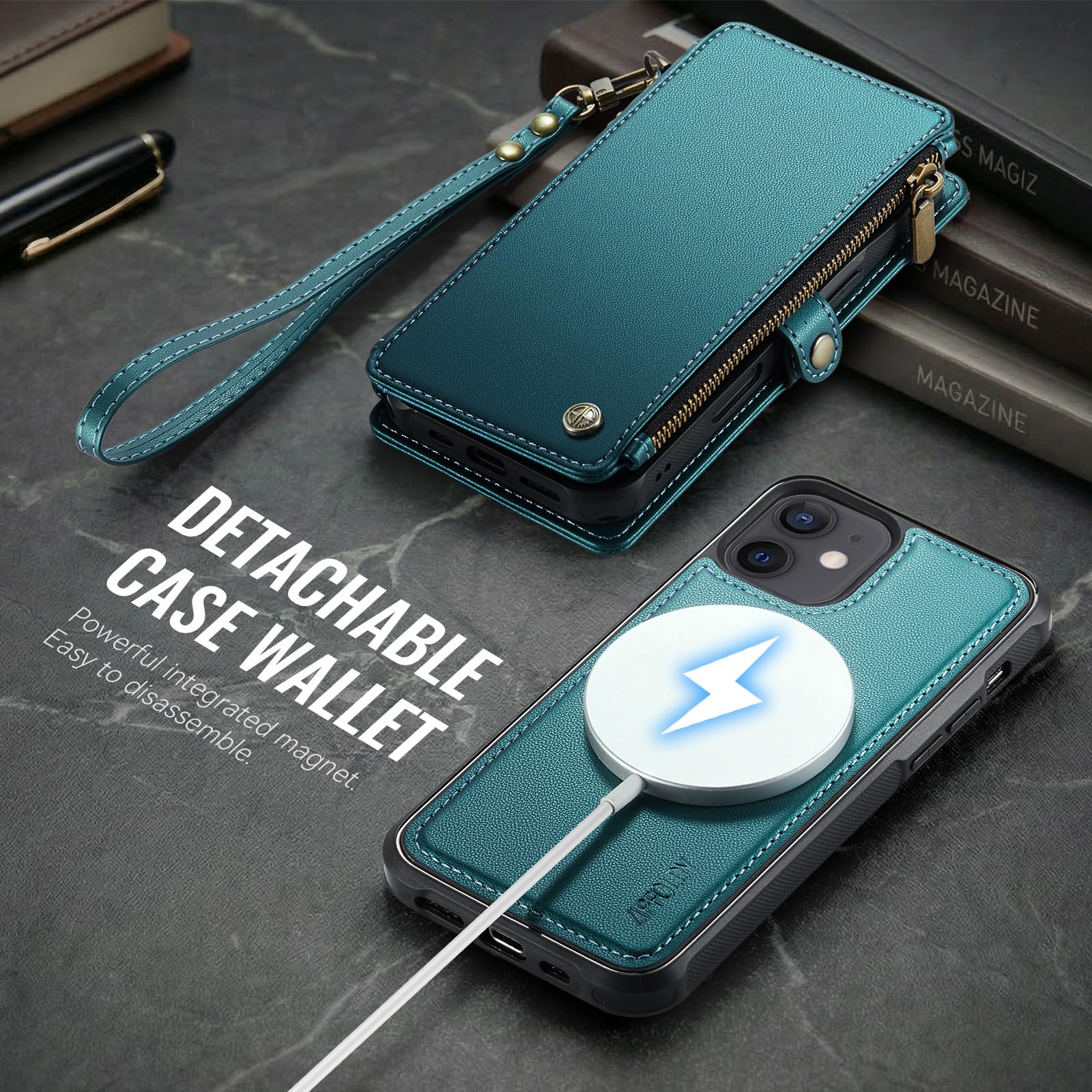 per iPhone 11 - Custodia a portafoglio magnetica staccabile | Compatibile con Magsafe, porta carte di credito con blocco RFID, tasca con cerniera, cinturino da polso