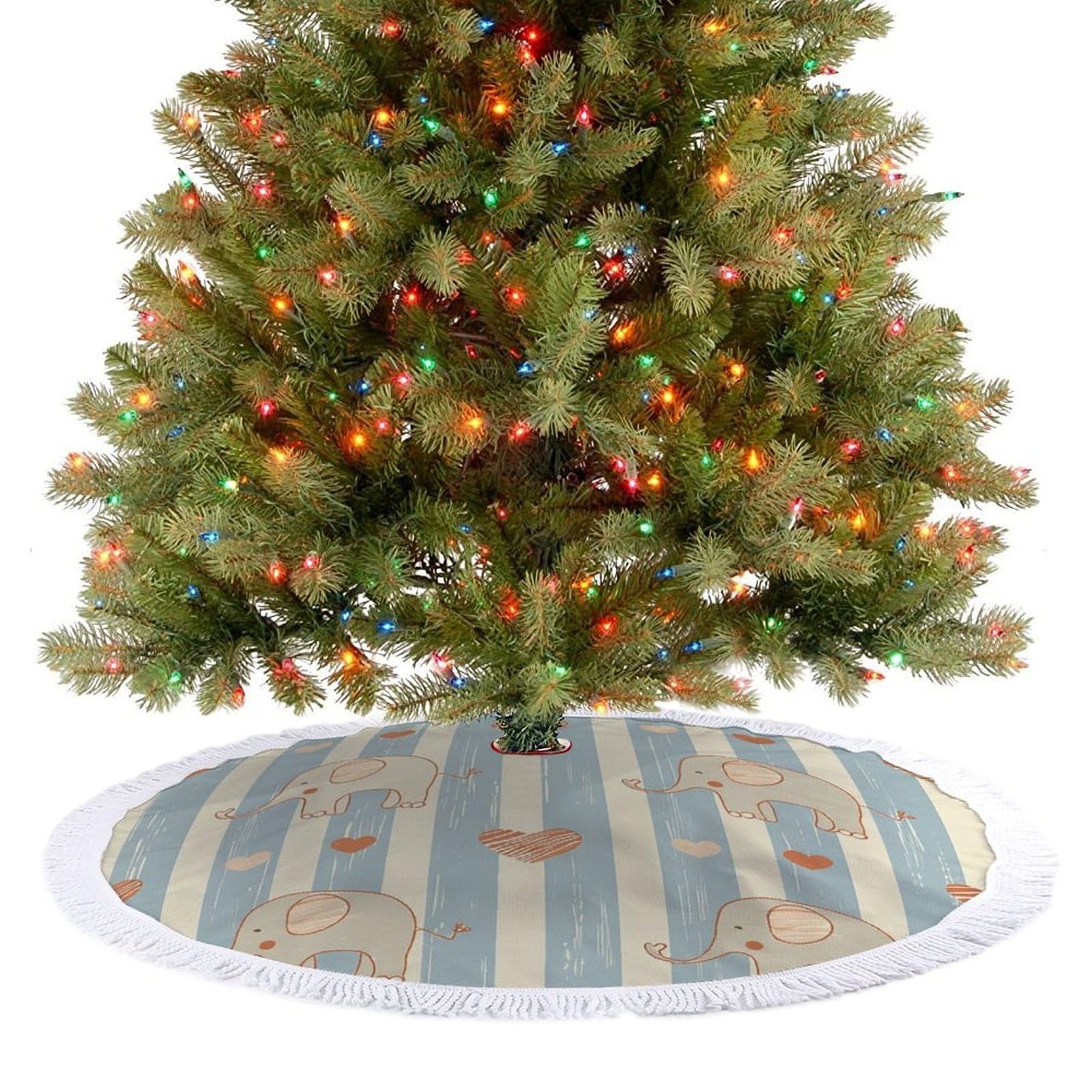 Stripes and Elephants Christmas Tree Skirt 48" Rustic Xmas Tree Mat with Tassel Ornament Christmas Trees Cover Skirt Mat for Evergreen Trees Ornament Winter Holiday Mats Decorations