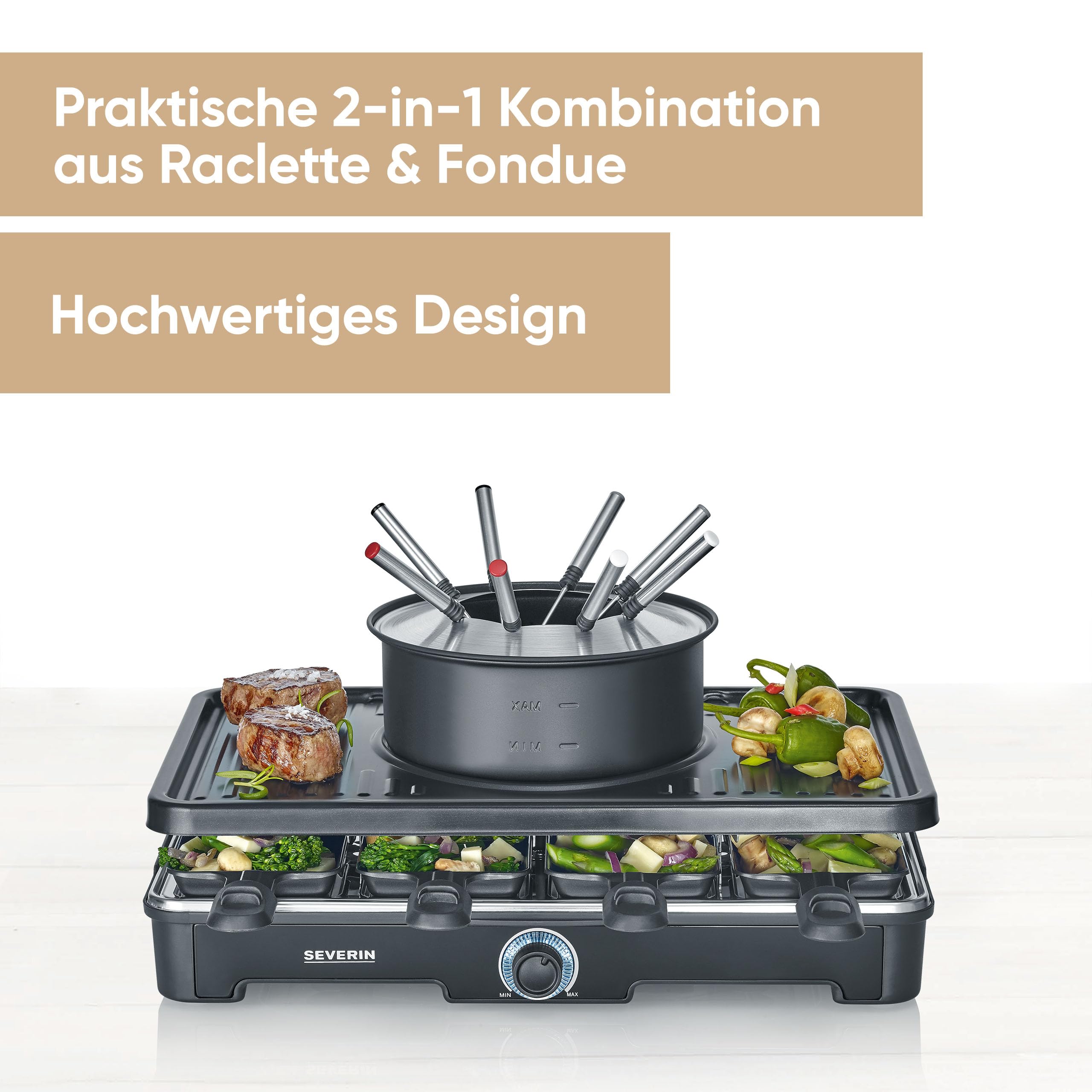 SEVERIN Raclette-Fondue-Kombination für 8 Personen, 2-in-1 Raclette Grill mit Grillplatte & Fondue-Set, Antihaftbeschichtung, inkl. 8 Pfännchen, Schabern & Fondue-Gabeln, spülmaschinengeeignet, RG2347
