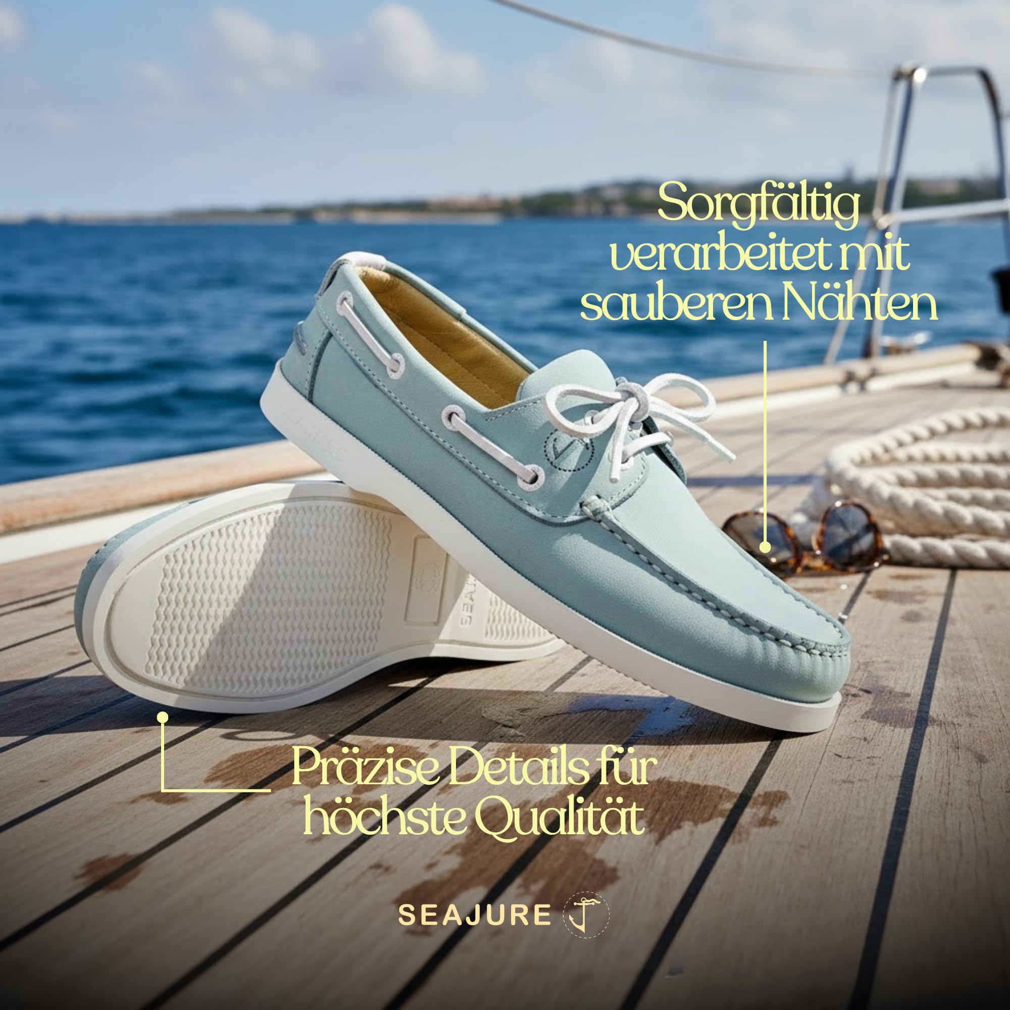Seajure Nacpan Damen Bootsschuhe Boat Shoes aus Nubukleder in Hellblau, Mokassins Damen im eleganten Nautik Look, Bequeme Lederschuhe für Sommer, Handgefertigt mit Rutschfester Sohle