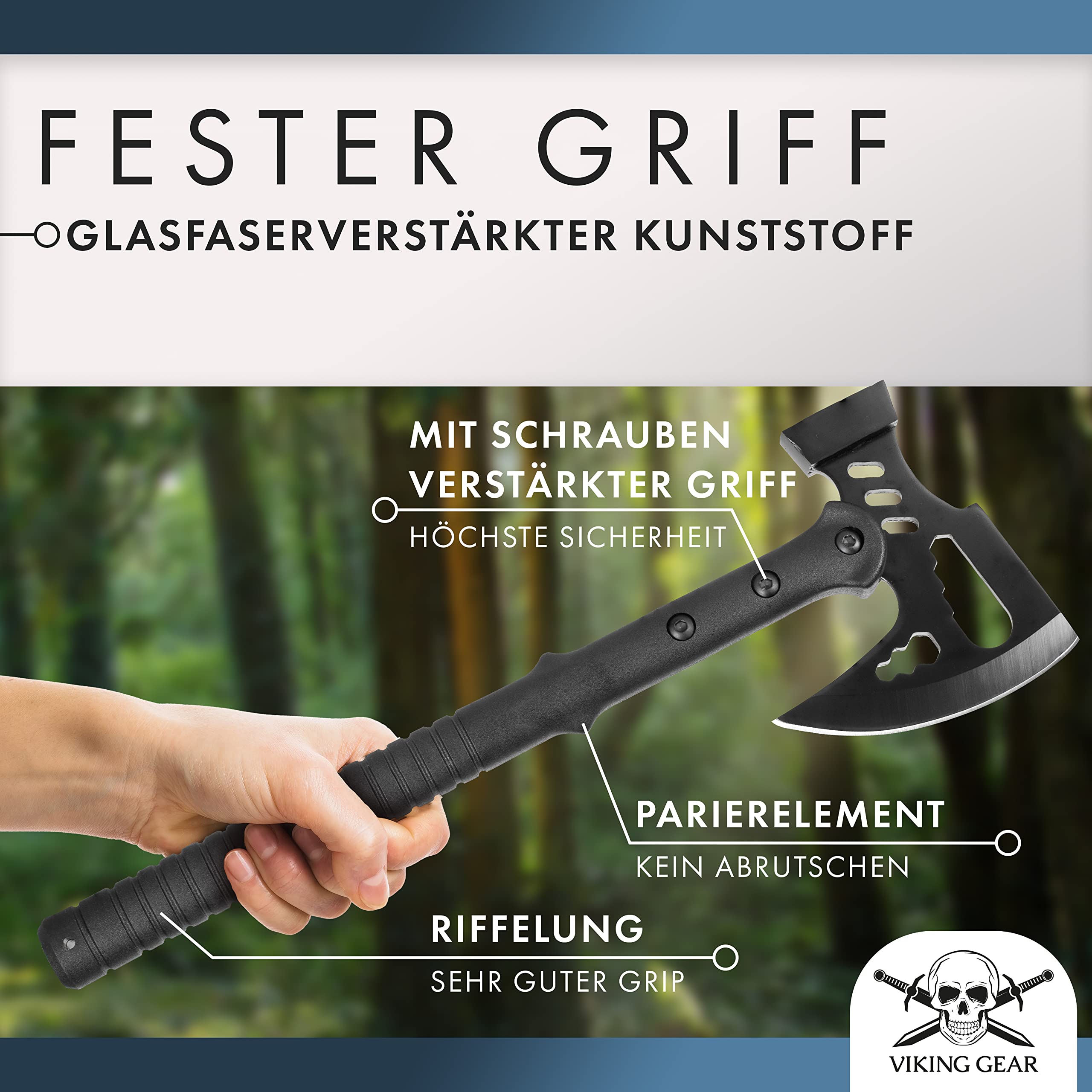Viking Gear Axt Survival Black Ragnar Edition Hammer als Camping Beil – Axt zum Holzspalten - Bushcraft für Outdoor Abenteuer Campingaxt – M48 Tactical Tomahawks Axe