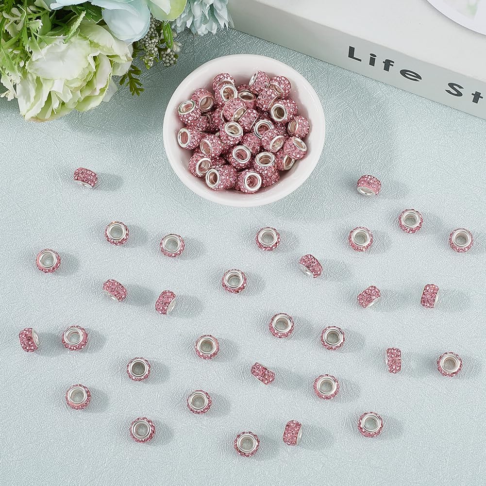 PONABEADIY 1 Box 12MM 80PCS Valentines Day Pink Rhinestone Sparkly Beads Large Hole Valentine Big Holes European Spacer Charms Bead Bulk for Jewellery Making Bracelets Necklace Hair Braids DIY Crafts - Image 3
