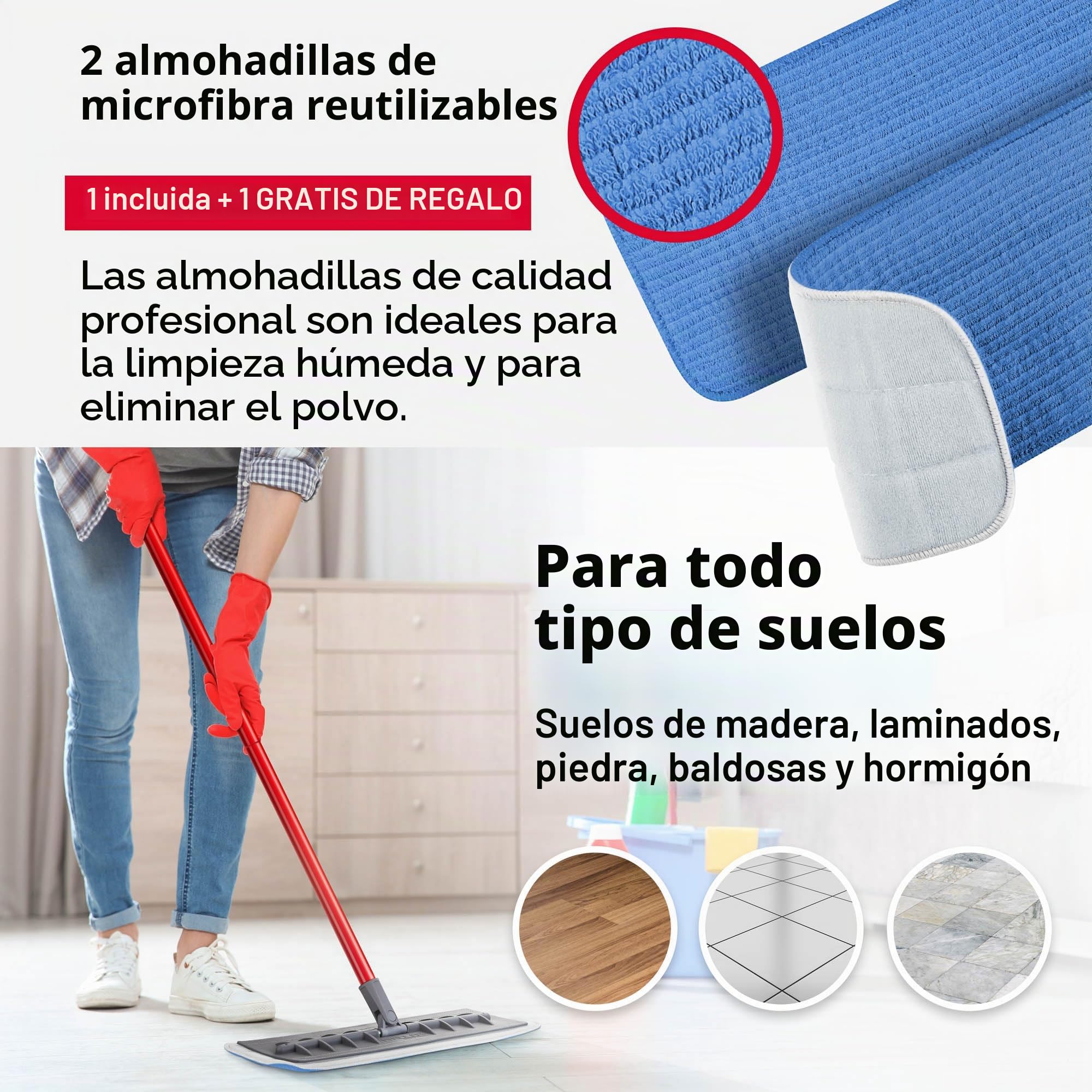 Tyroler Mop - Limpieza versátil para Suelos de parquet, Madera, laminados y baldosas, Cabeza de Silicona Flexible 100% Resistente a los arañazos | Incluye 2 paños de Microfibra adicionales
