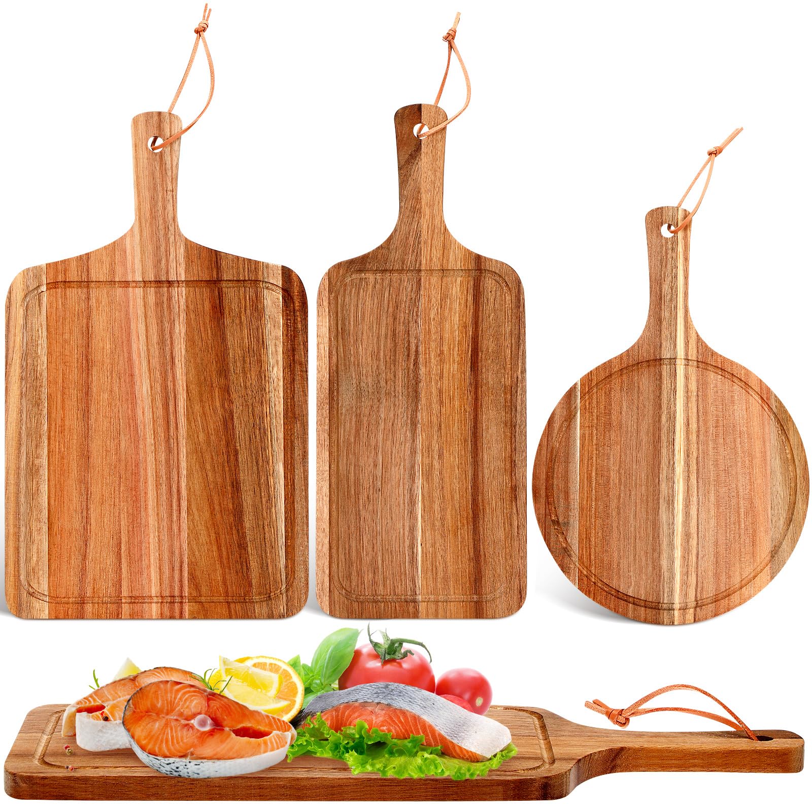 Kathfly 3 Pcs Acacia Wood Cutting Board with Handle and Juice Groove Board Wooden Chopping Board Decorative Charcuterie Platter Pizza Cheese Serving Tray for Kitchen Counter Fruit Vegetables, 3 Style