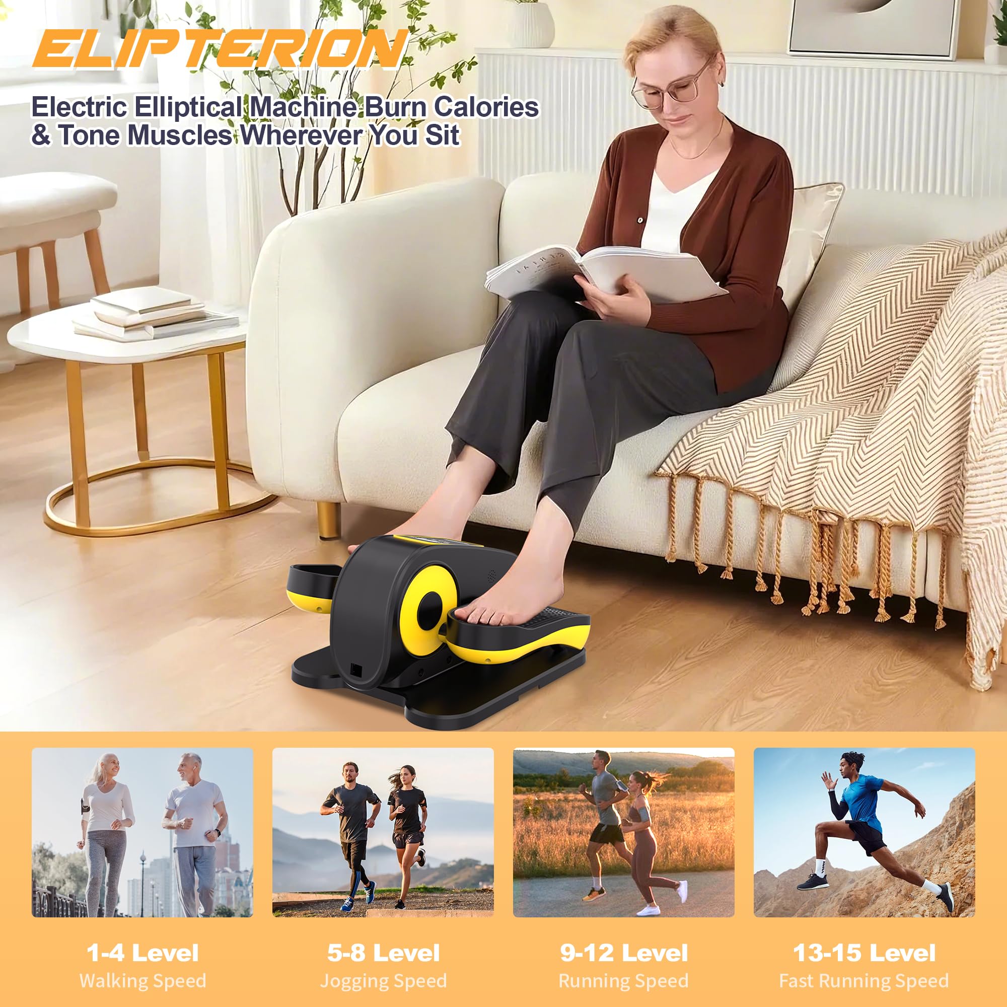 Ellipsentrainer Unter dem Schreibtisch, Elektrischer Pedaltrainer für Senioren, Leise & Tragbar, 15 Geschwindigkeitsstufen, Mit Fernbedienung, Vorwärts- & Rückwärtslauf, Für Zuhause, Büro, Reha