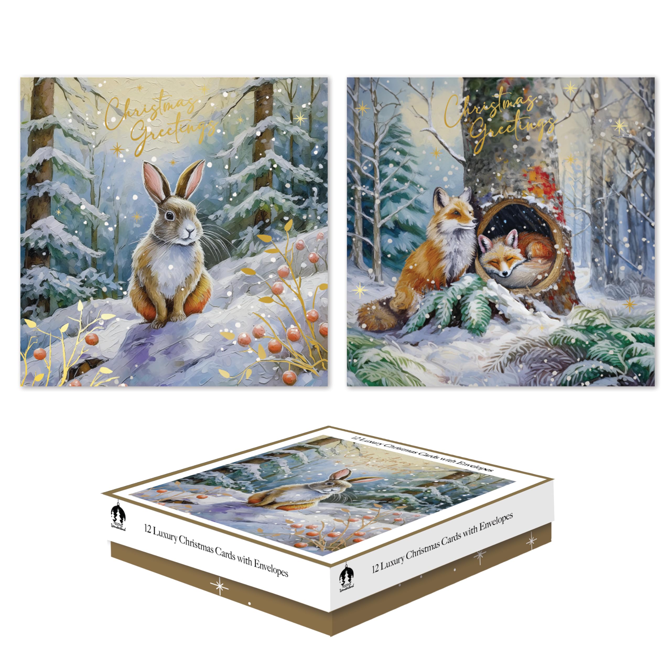 Tallon Box of 12 Luxury Christmas Cards – Square Woodland Animal Designs with Envelopes – Festive Seasonal Greeting Card Set