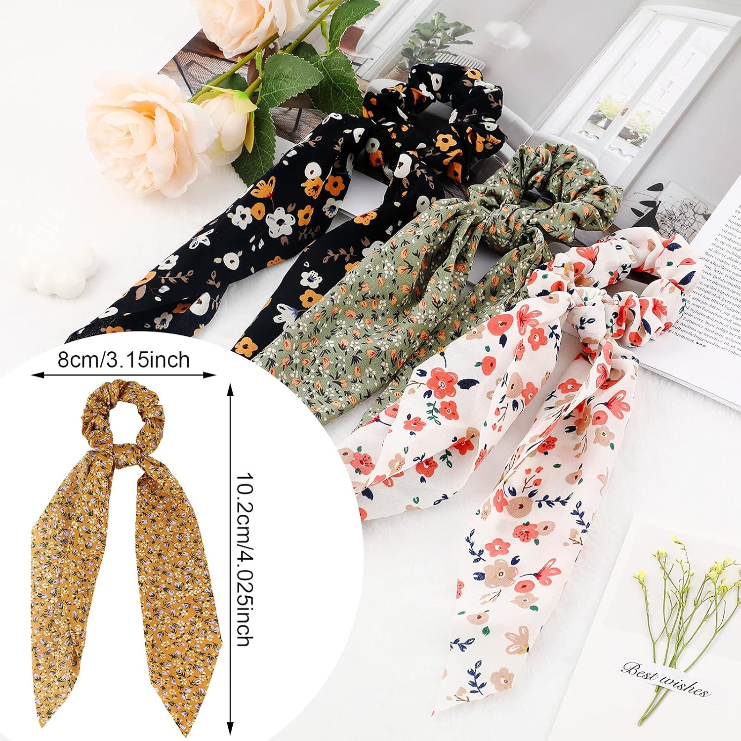 Chuangdi 10 Pcs Hair Scrunchies Hair Scarf with Ribbon Bunny Ears Chiffon Floral Bow Ponytail Holder Boho Elastic Floral Ropes 2 in 1 Vintage Accessories for Women (Ditsy Print) - Image 2
