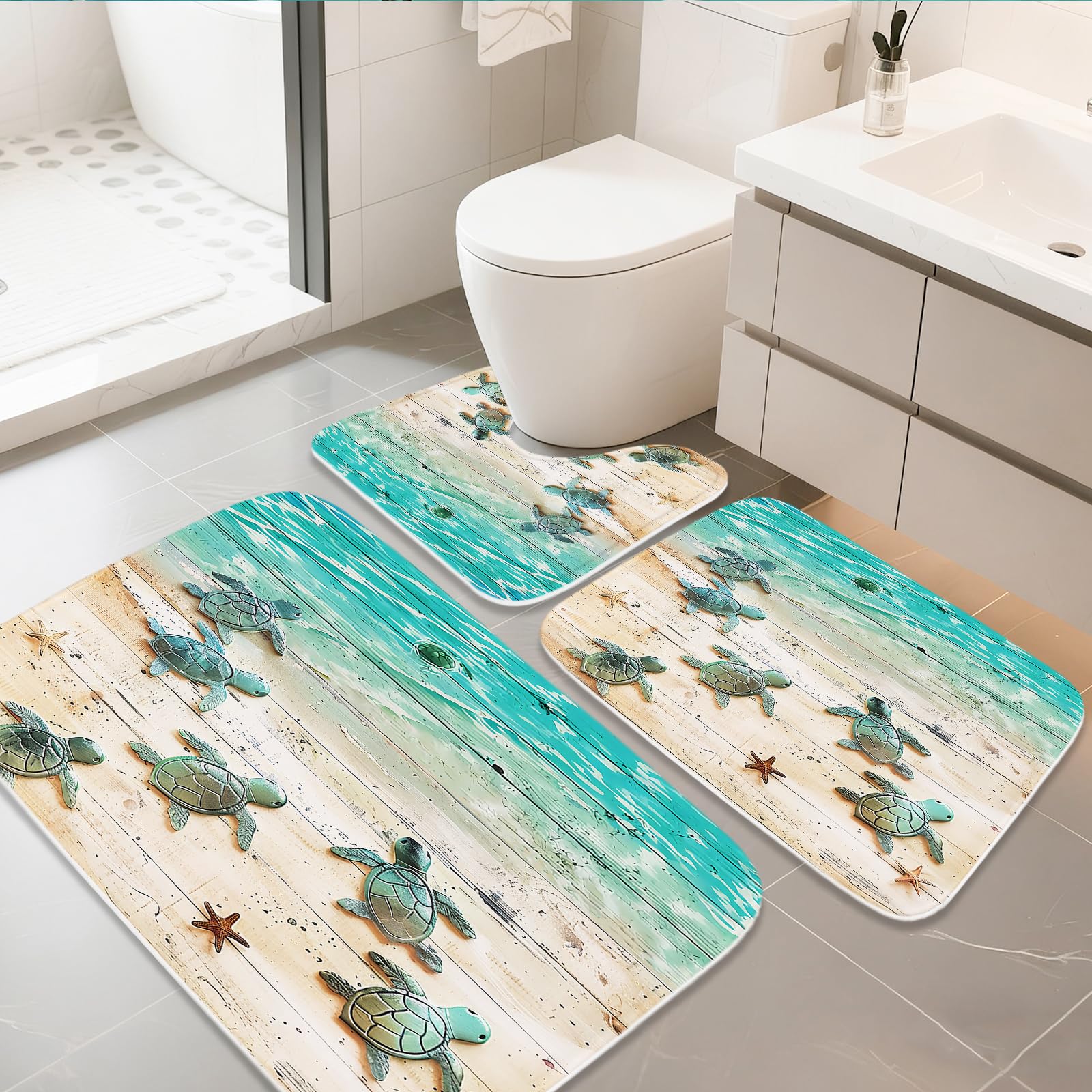 Nautical Tropical Sea Turtle Rustic Wood Plank Beach Bathroom Rugs and Mats Sets 3 Piece, Memory Foam Bath Mat, U-Shaped Contour Shower Mat Non Slip