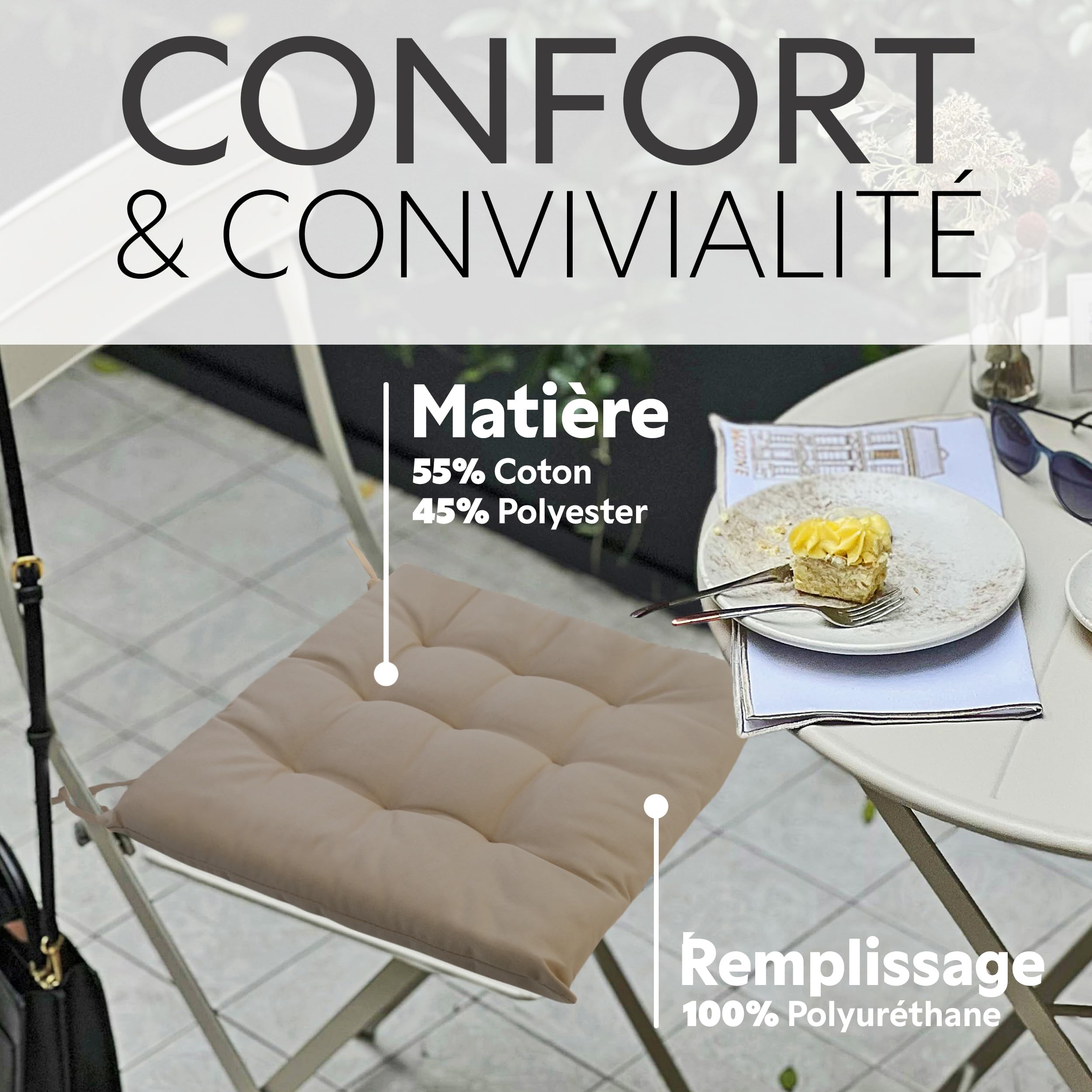 Brandsseller Lot de 6 Coussin de Chaise 40x40 cm Coussin d'assise Rembourrage de Chaise avec Fixations Décoration pour l'intérieur et l'extérieur piqué - Taupe