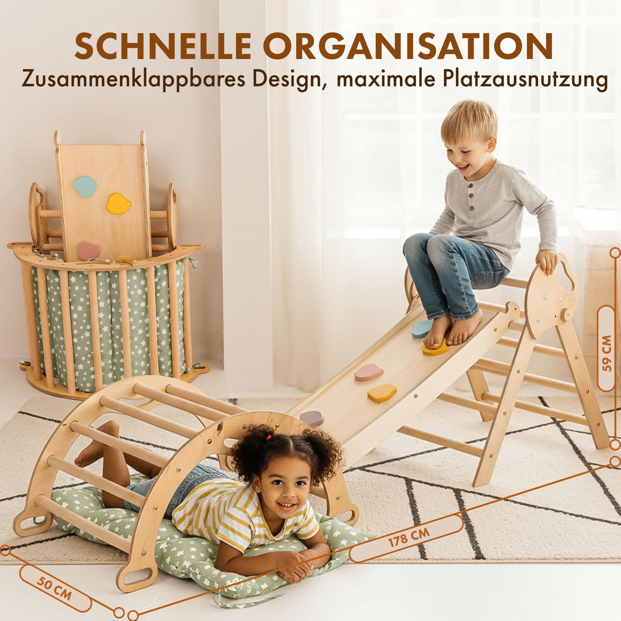 Goodevas 5-in-1 Montessori Klettergerüst Set: Indoor Kletterdreieck, Kletterbogen mit Kissen, und Rutsche für Kinder, Indoor Spielplatz 1-3 Jahre