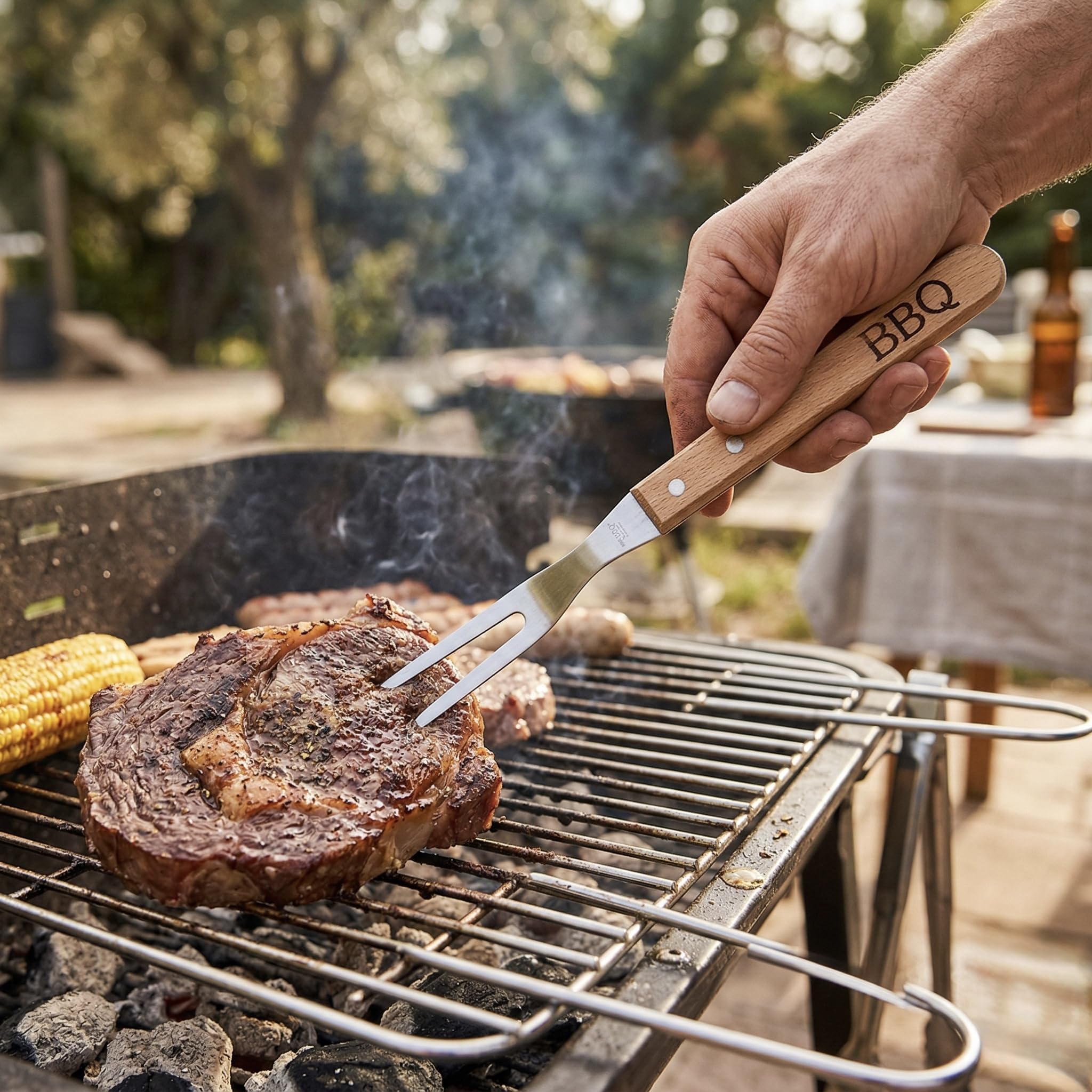 OCEANO Set Barbecue Professionale 11 Pezzi (10 Utensili + Custodia) Kit BBQ in Acciaio Inox con Manici Legno Accessori Griglia Giardino Campeggio Include Spatola Pinza Forchettone Coltello 6 Spiedini