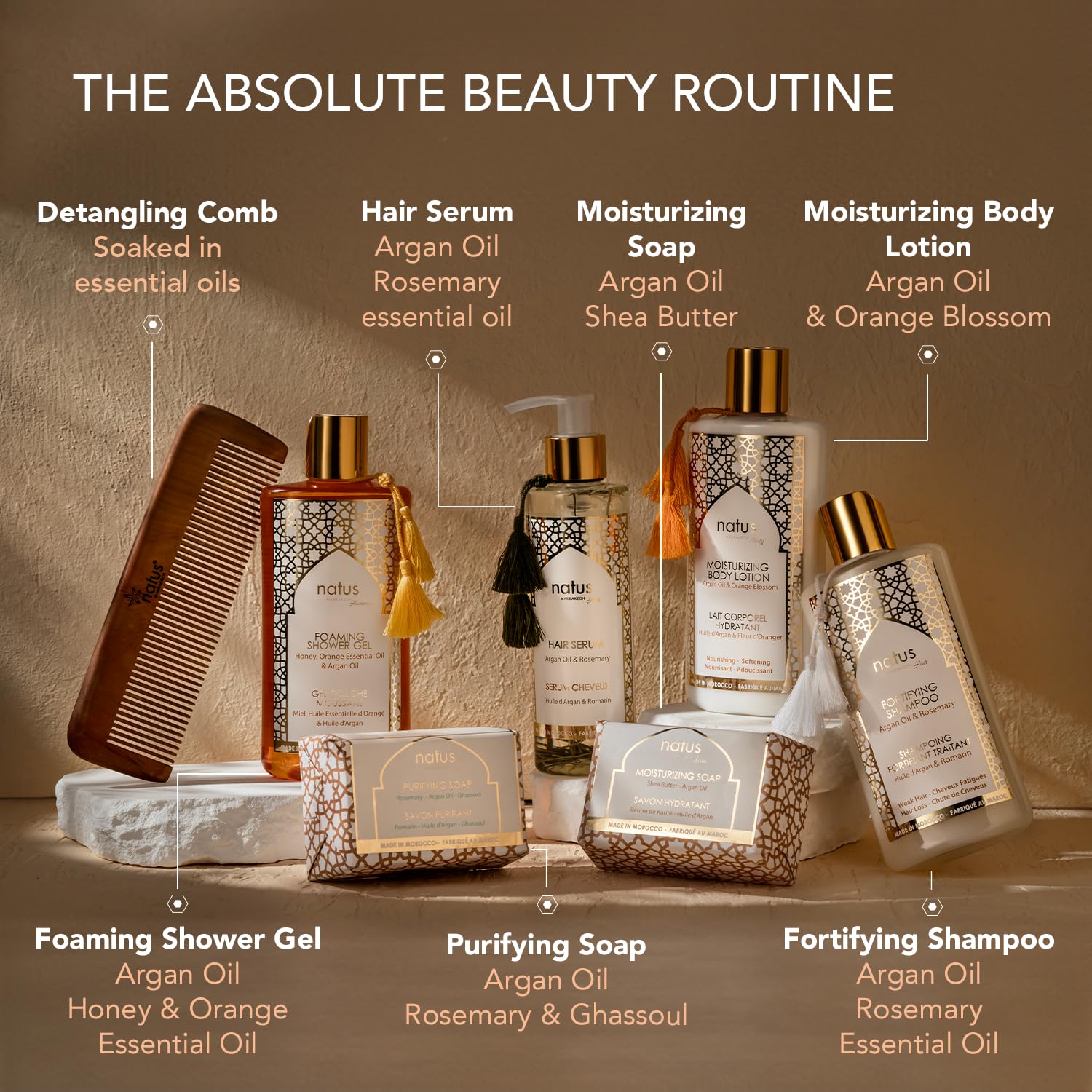 Schönheits-Set für Frauen mit Arganöl - Shampoo, Duschgel, Haarserum, Körperlotion, feuchtigkeitsspendende Seife, reinigende Seife und Holzkamm - Alle Haut-/Haartypen - Vegan